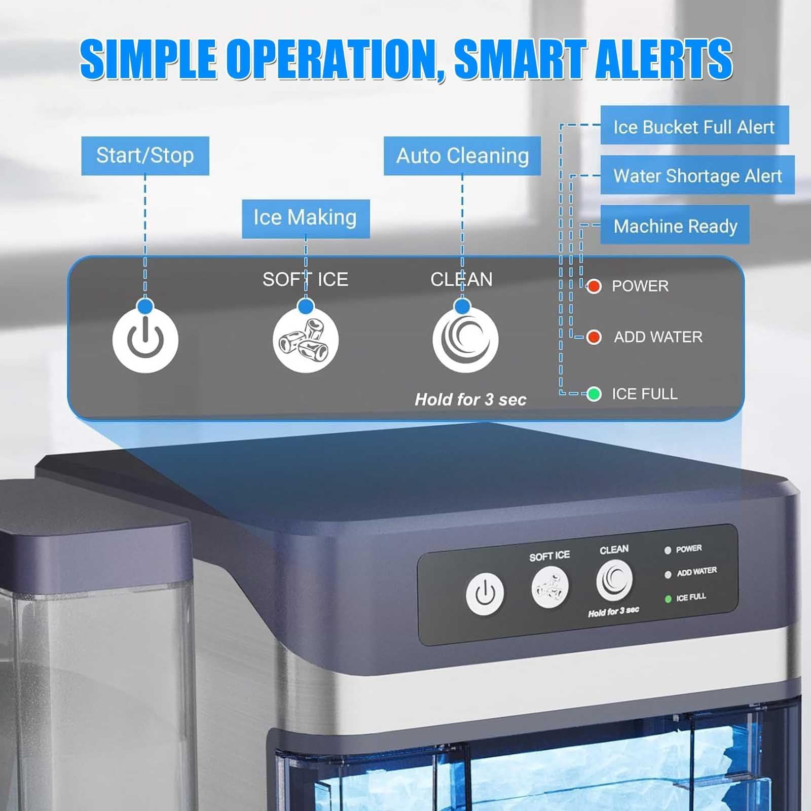 Máquina para hacer hielo en forma de nugget para encimera, máquina de hielo portátil con autolimpieza, 44 Ib/24 h, autolimpieza, operación con un solo clic, para fiestas, cocinas, bares, oficinas