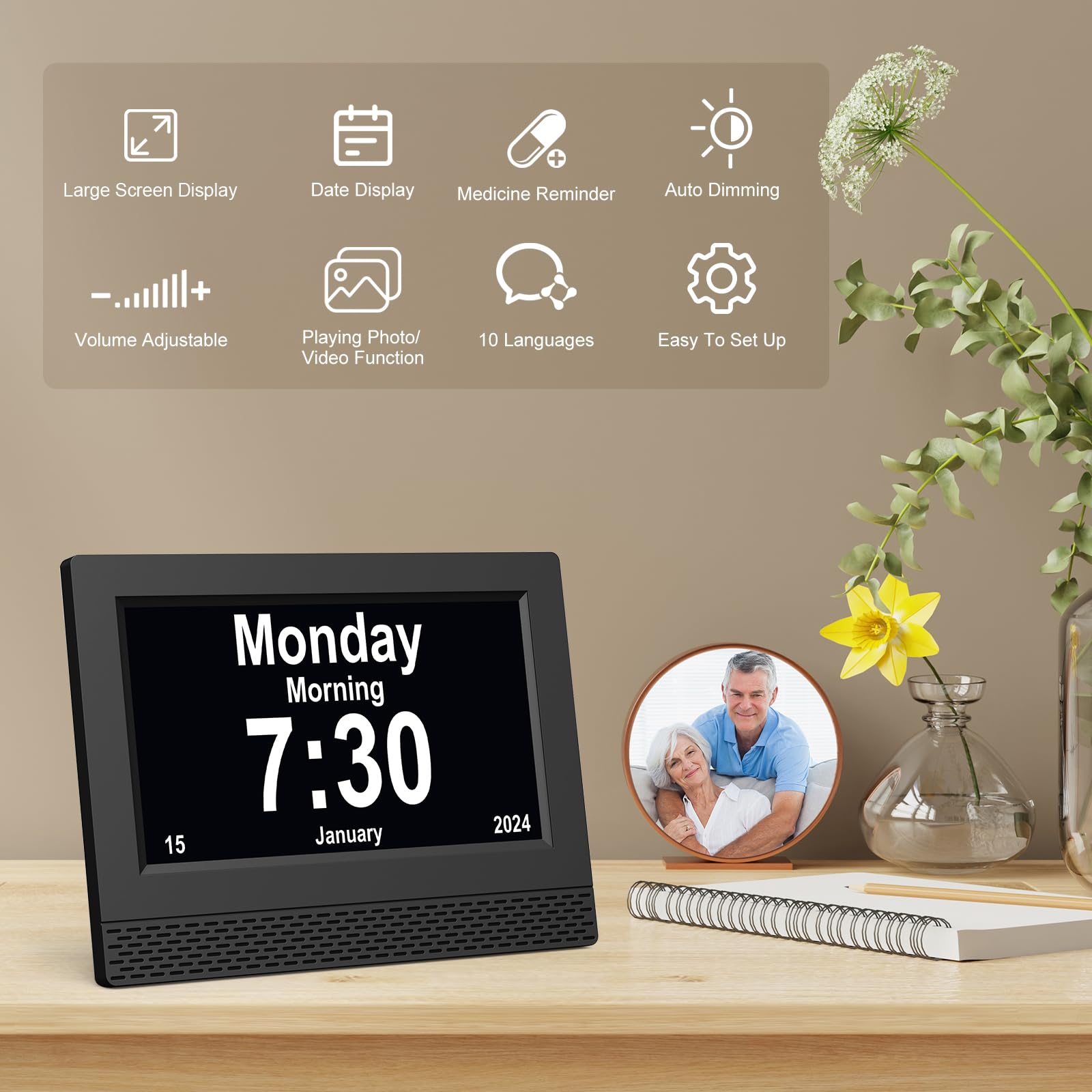 Reloj Digital con Calendario y Alarma, Pantalla HD de 7" de Alta Definición, Modos Múltiples con Ajuste Automático de Brillo, Fecha y Día Completo para Alzheimer, Demencia y Pérdida de Memoria (Negro)