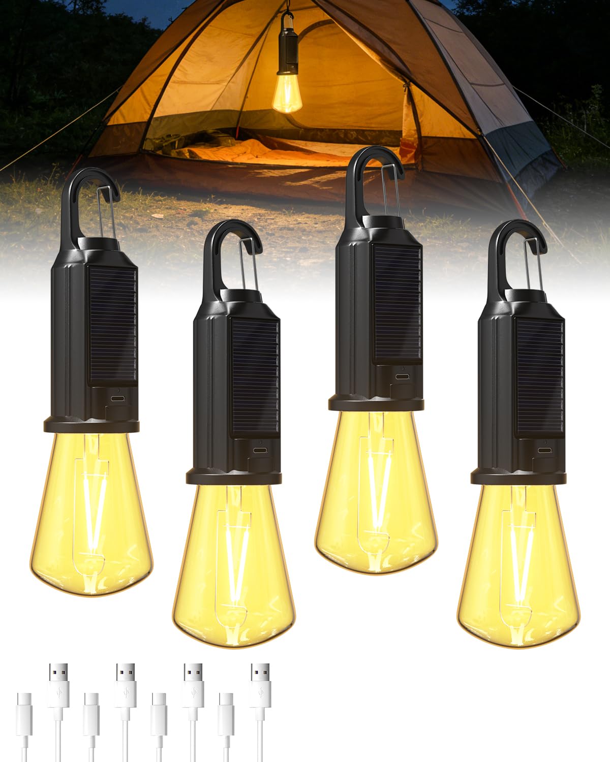 Bonlux Warm White Usb Rechargeable Camping Lights, Solar Powered Waterproof Led Camping Lantern, Dimmable Outdoor Emergency Light With Hanging Hook For Tent, Power Cuts, Hiking, Pack Of 4