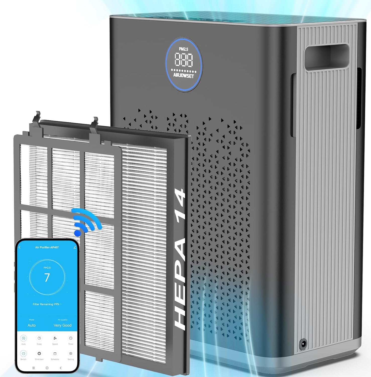 Smart Air Purifier WiFi for Home Large Room up to 2300ft², AIRJOWSET APP Air Purifiers H14 True HEPA Air Filters with Air Quality Monitor, 22dB Sleep Mode, Air Cleaner for Pets Dust Odor Smoke, Black