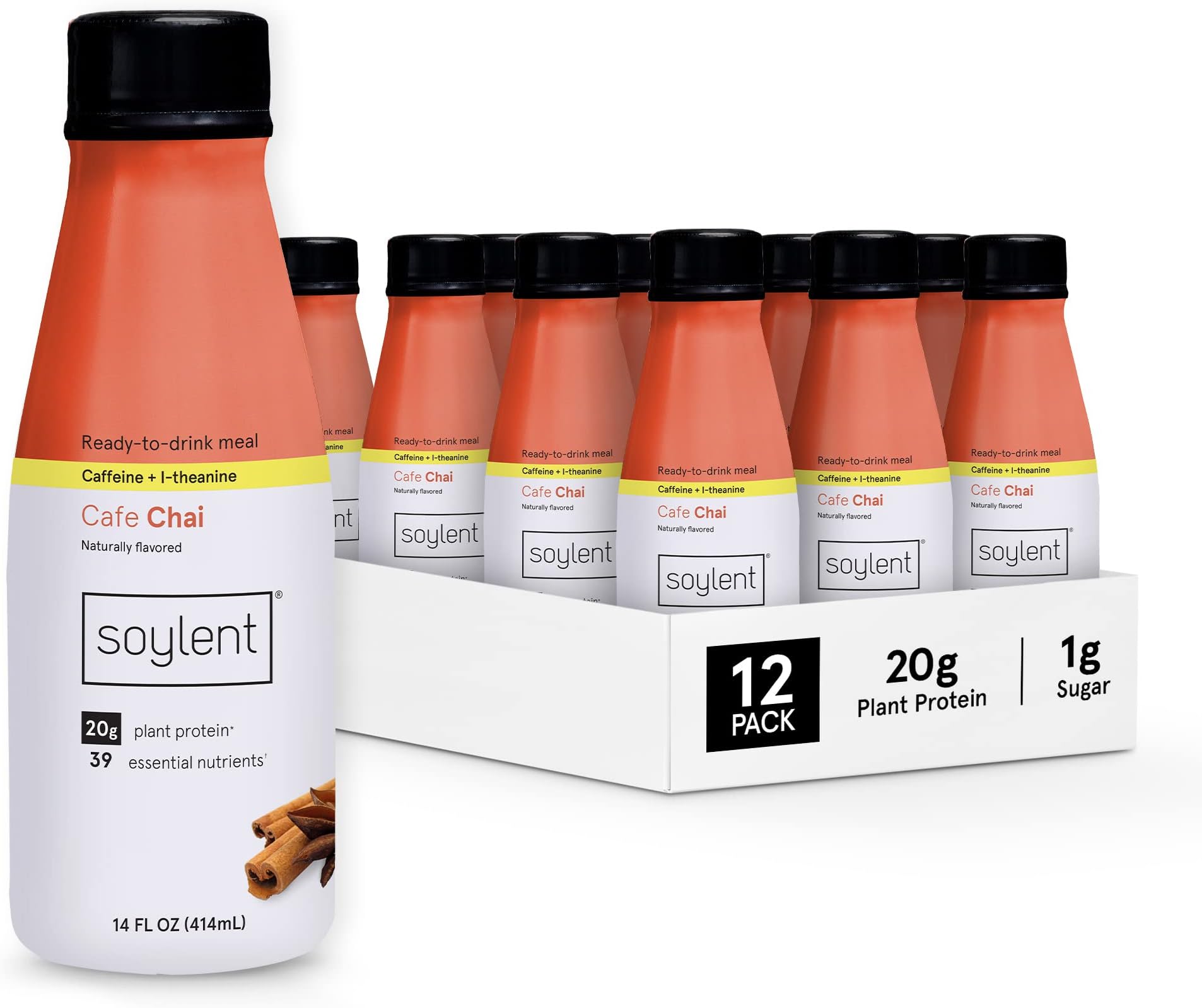 Soylent Cafe Chai Meal Replacement Shake, Ready-to-Drink Plant Based Protein Drink, Contains 20g Complete Vegan Protein and 1g Sugar, 14oz, 12 Pack