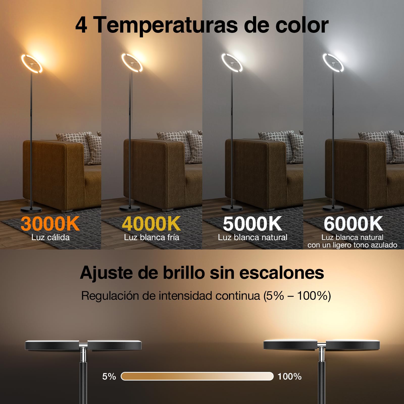 SIBRILLE Lámpara de Pie LED Regulable 20W Lampara de Pie Salon 1300LM 4 Temperatura de Color, Mando a distancia & Táctil, Negra Moderna Lámpara de Lectura para Salon Habitacion Dormitorio Despacho