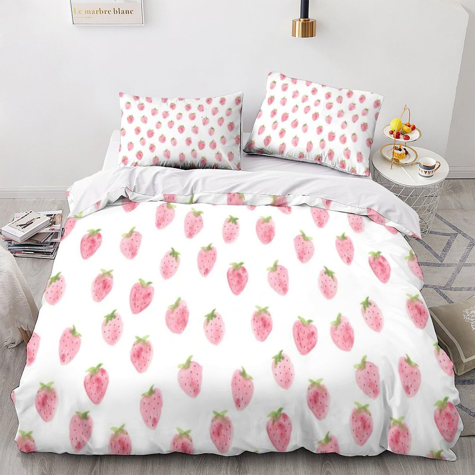 Housse de couette fraises 3D parure lit double pour une chambre cocooning et fraîche
