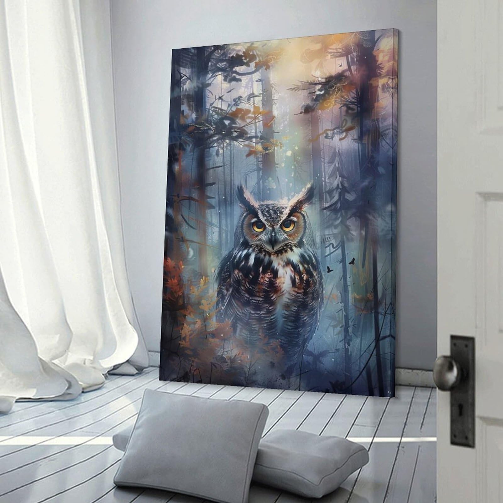 Junmoney Wise Owl in Misty Forest Home Decor Wall Art, 24x36inch(60x90cm), for Bedroom, Lounge Or Dressing Area, Canvas Wall Decor for Personal Spaces
