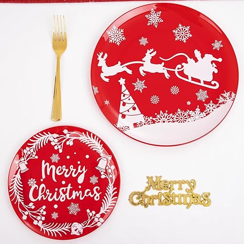 Miniatura 27 de LIYH 150 Pcs Plastic Christmas Dinnerware Set, Red Plastic Dinner Dessert Disposable Plates, Gold Silverware, Red Christmas Disposable Cups 10 OZ