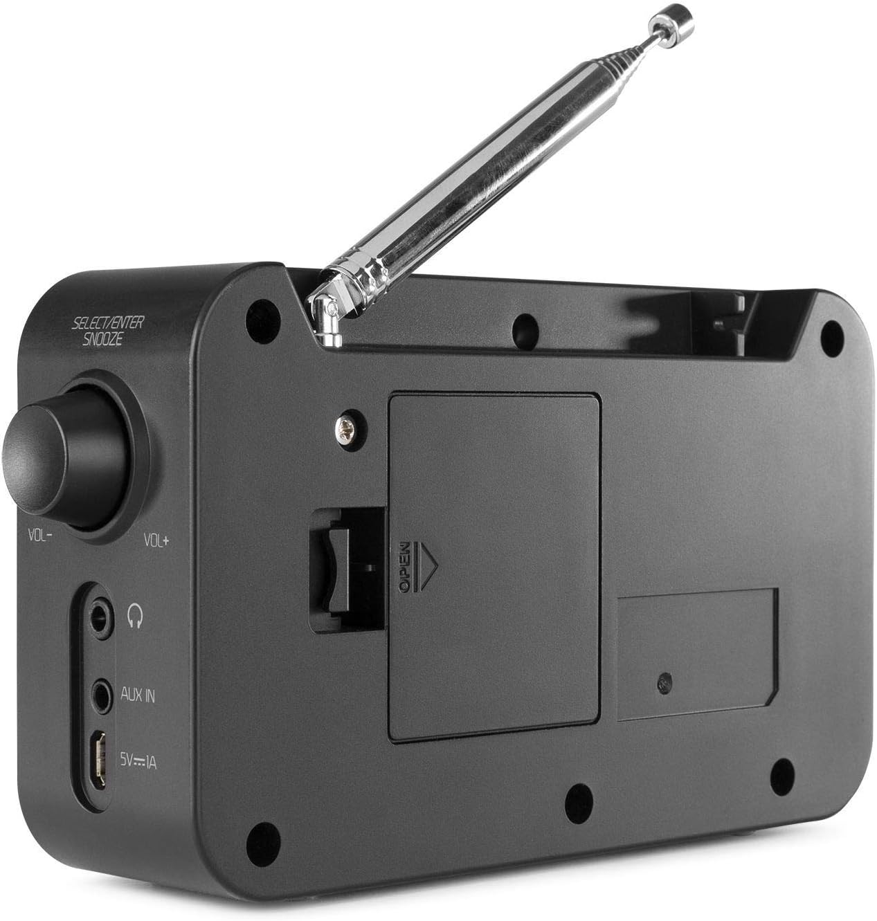 belakang view radio Audizio Parma yang menunjukkan antena dan petak bateri