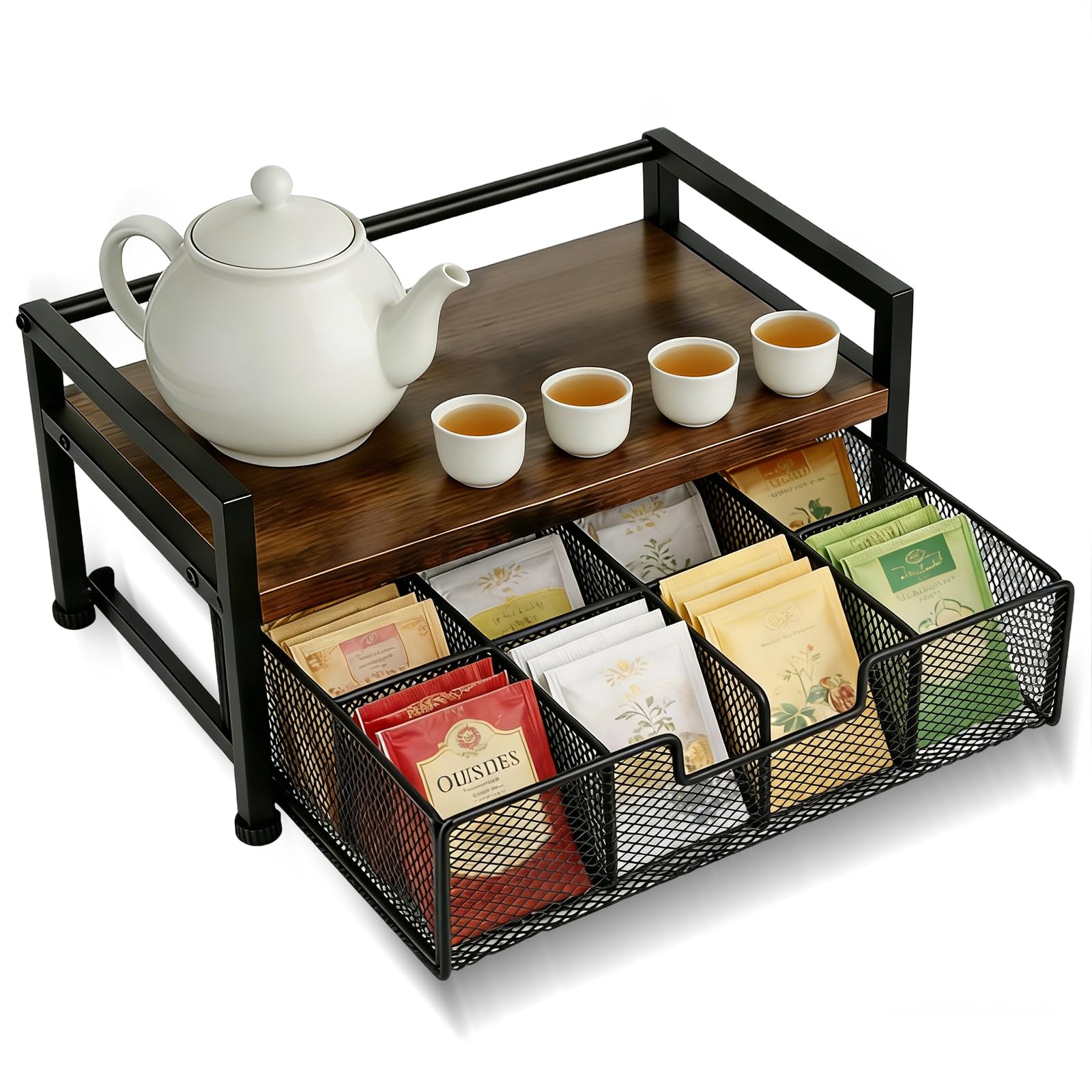 Cajón Porta Bolsitas de Té, Caja Infusiones de Madera con Cajón Metal, 33x20x15.8cm Organizador de Estación de Café y Té con 8 Compartimentos para Hogar, Oficina, Cocina