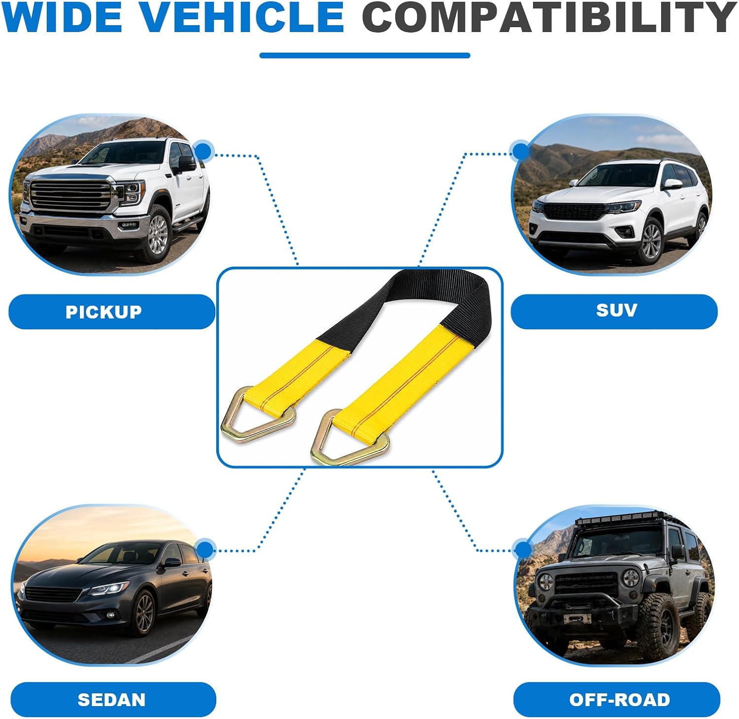 2" × 29" Premium Axle Tie Down Strap with D Rings, Heavy Duty Auto Axle Tow Straps with Protective Sleeves, Adjustable Tie Down Strap for Securing Car Transport, Car Accessories
