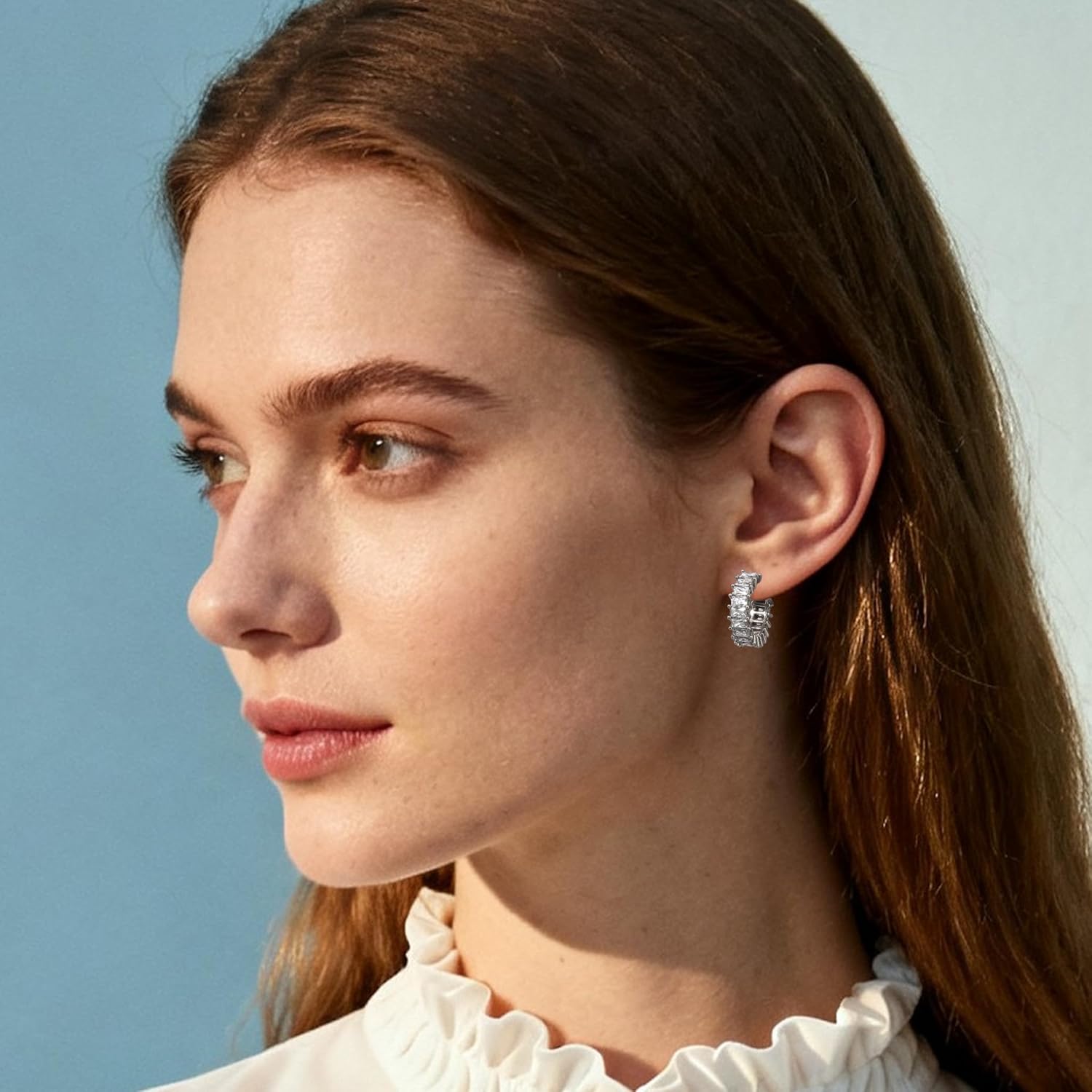 Open Hoop Earrings with Crystal Baguette for Women Girls, Sterling Silver C-Shaped Earrings with Cubic Zirconia, Diameter 10mm