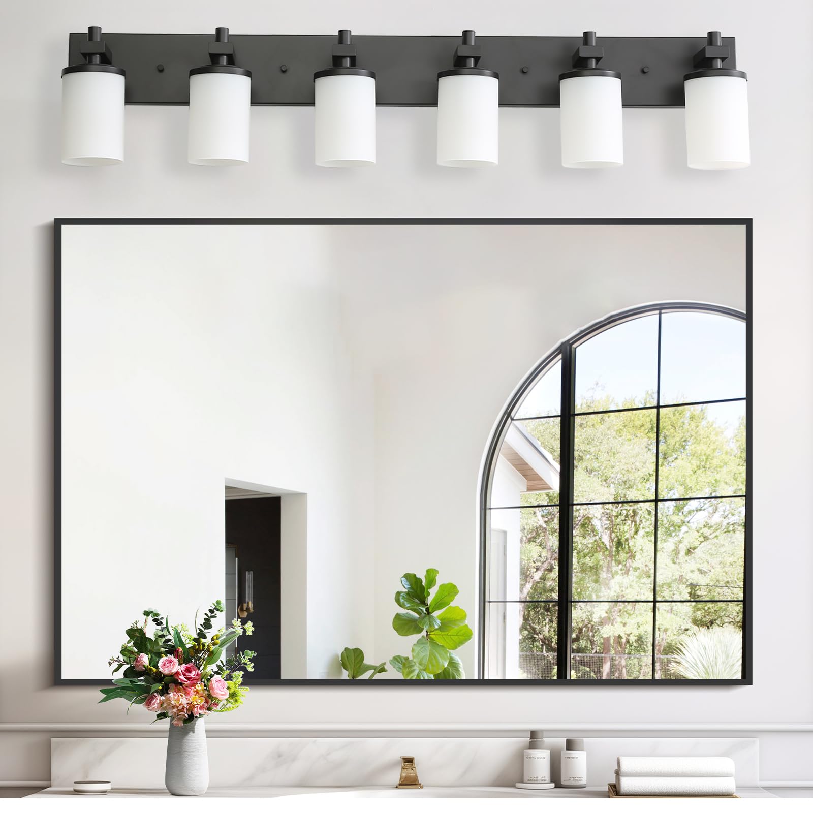 LOUSACE Bathroom Lighting Fixture Over Mirror, 6 Light Bathroom Vanity Lights Matte Black with Opal White Glass Shades, E26 Bulb Base, Wall Sconces Vanity Lighting Fixtures for Bathroom Living Room