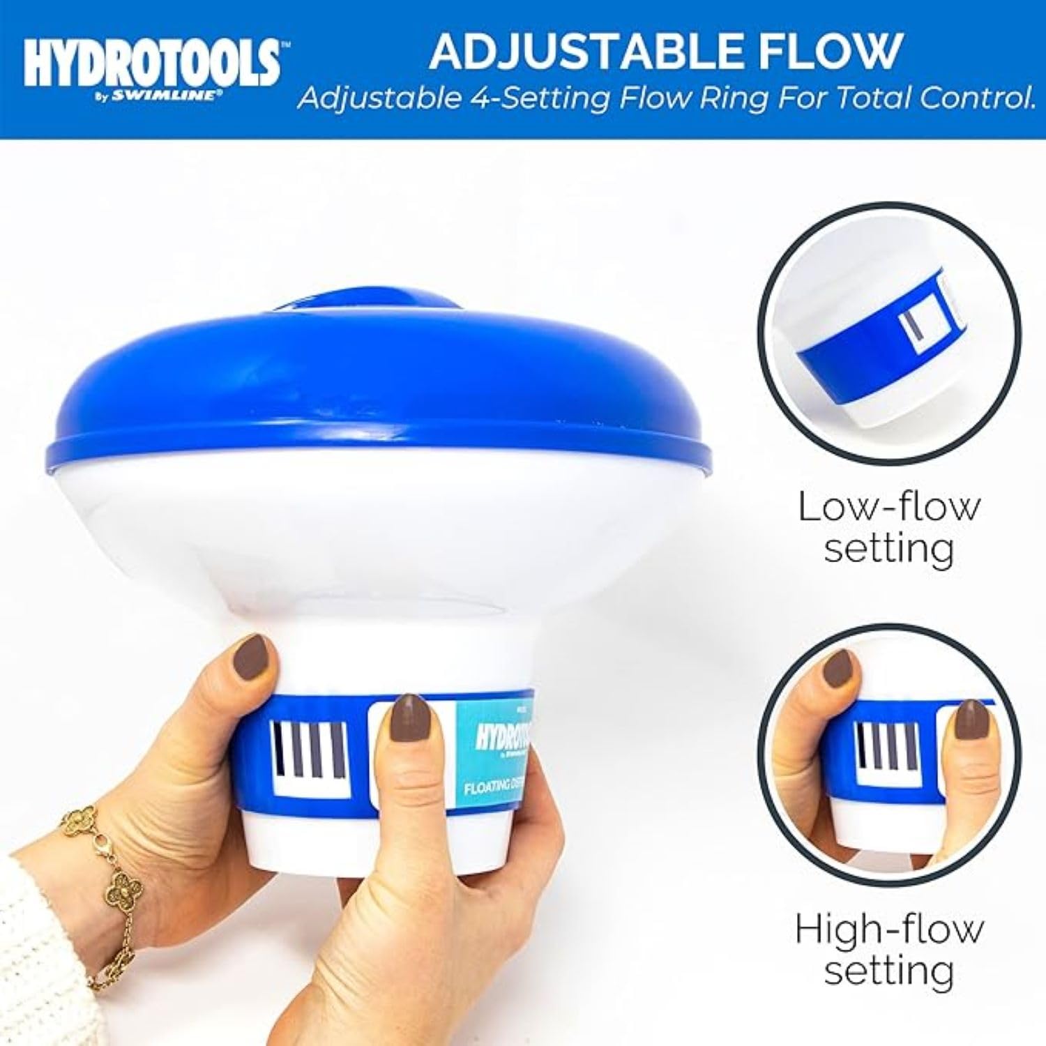HydroTools - Dispensador de productos químicos flotantes ajustables para piscina, blanco y azul