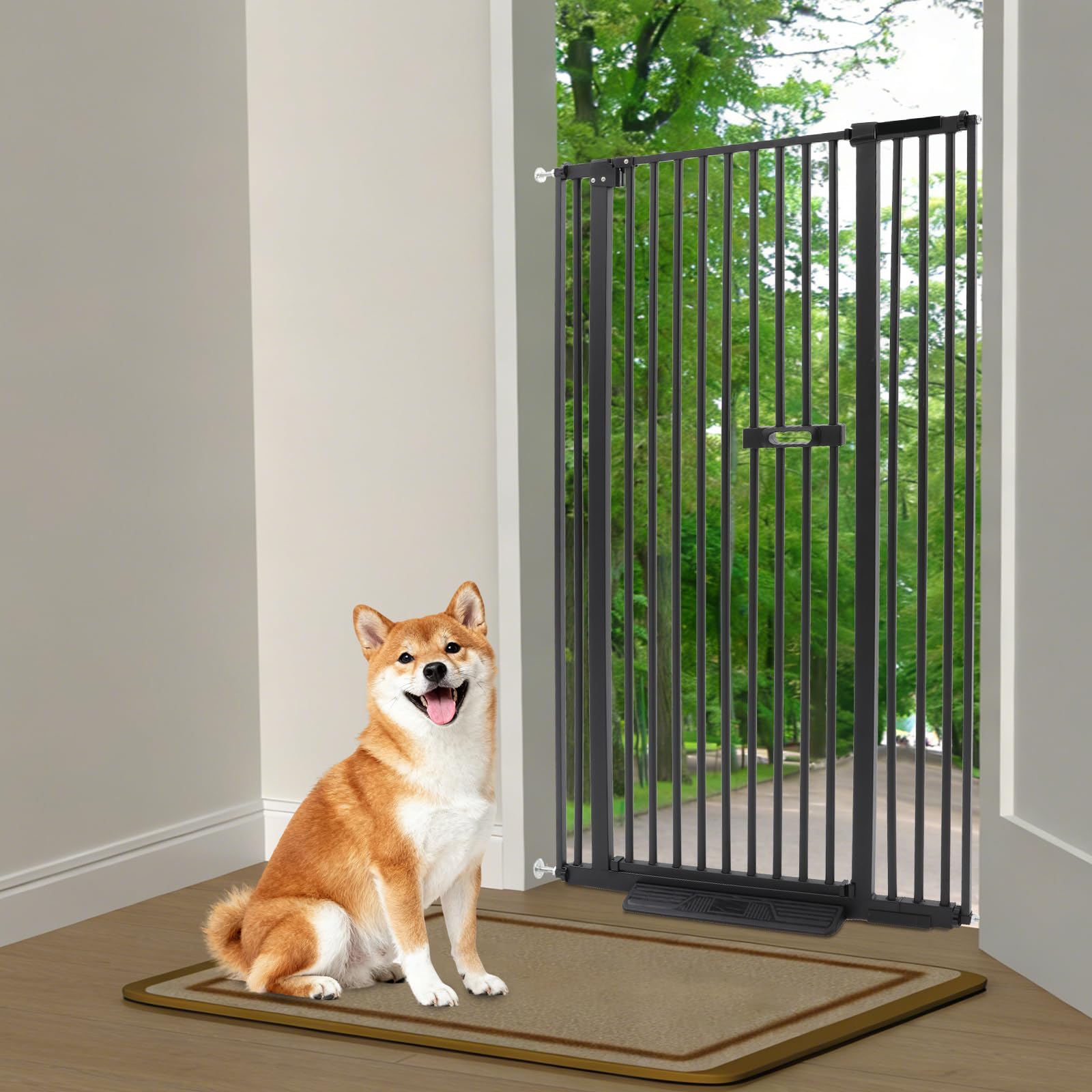 Barrera para Mascotas Puerta, Altura 150cm (Negro) | Acero al Carbono Barrera para Perros y Gatos, Ancho Ajustable de 86 a 95cm, Puerta Giratoria de 180°