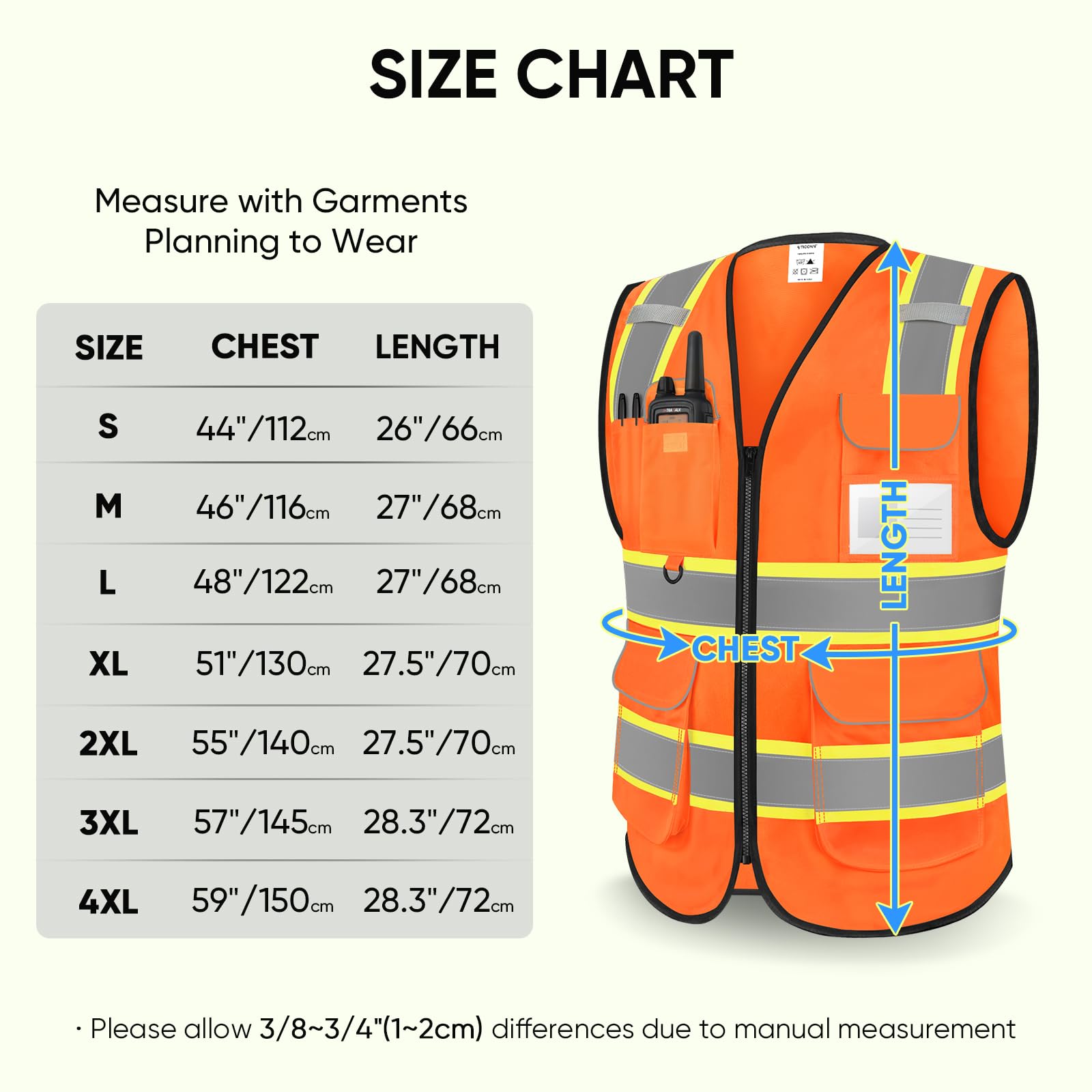 TICONN Gilet di sicurezza riflettente ad alta visibilità Classe II Gilet in poliestere per donne e uomini soddisfa gli standard ANSI, arancione-poliestere, M, Arancione-poliestere, M