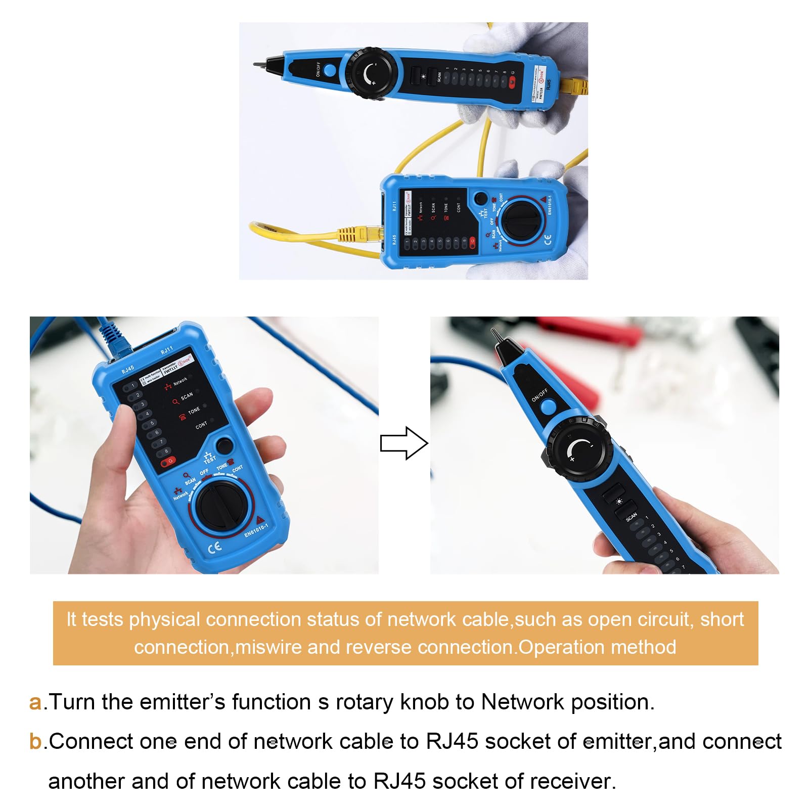 FWT11 - Tester per cavi, tester per cavi, RJ45 RJ11, tester diagnostico per cavi telefonici, tracker per cavi, rilevatore di cavi