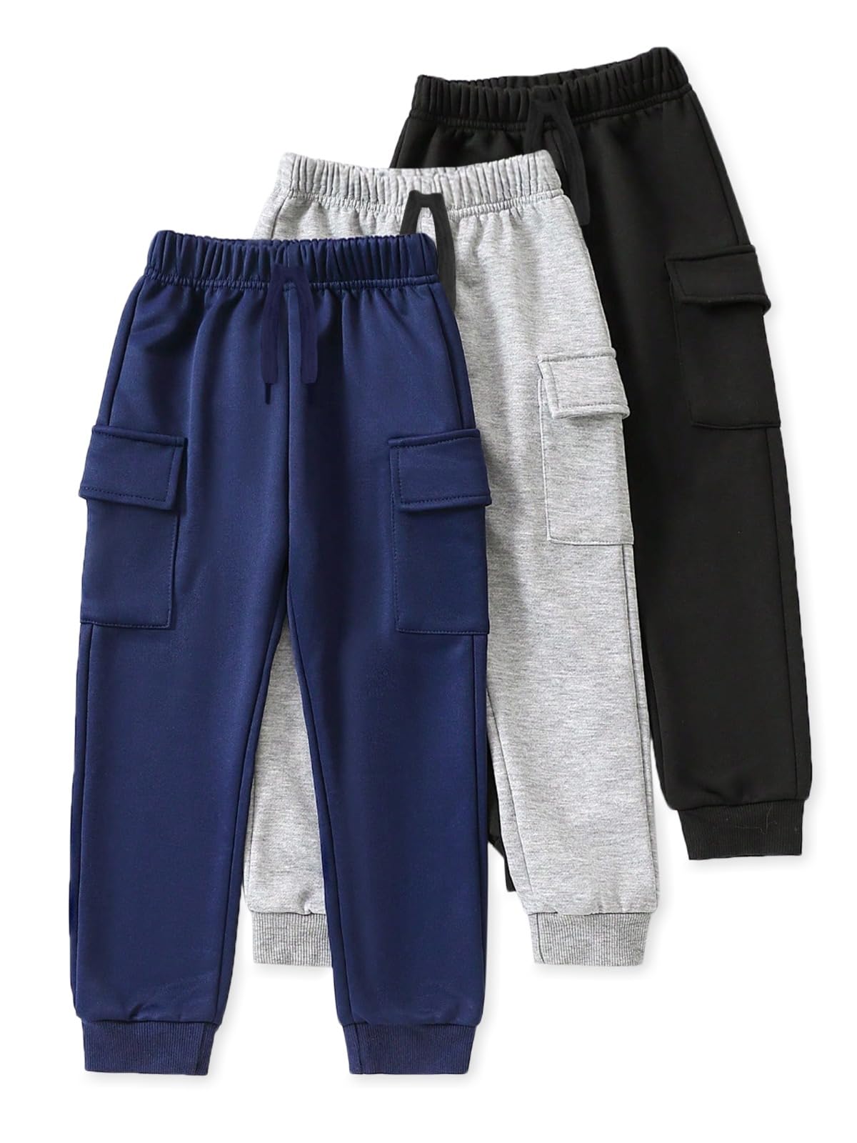 Trampoline Kids Cotton Cargo Joggers Pack of 3 | Soft Knitted Pants for Boys & Girls | Solid Colors with Side & Cargo Pockets | Ribbed Cuffs & Drawstring Waistband | Everyday Bottoms