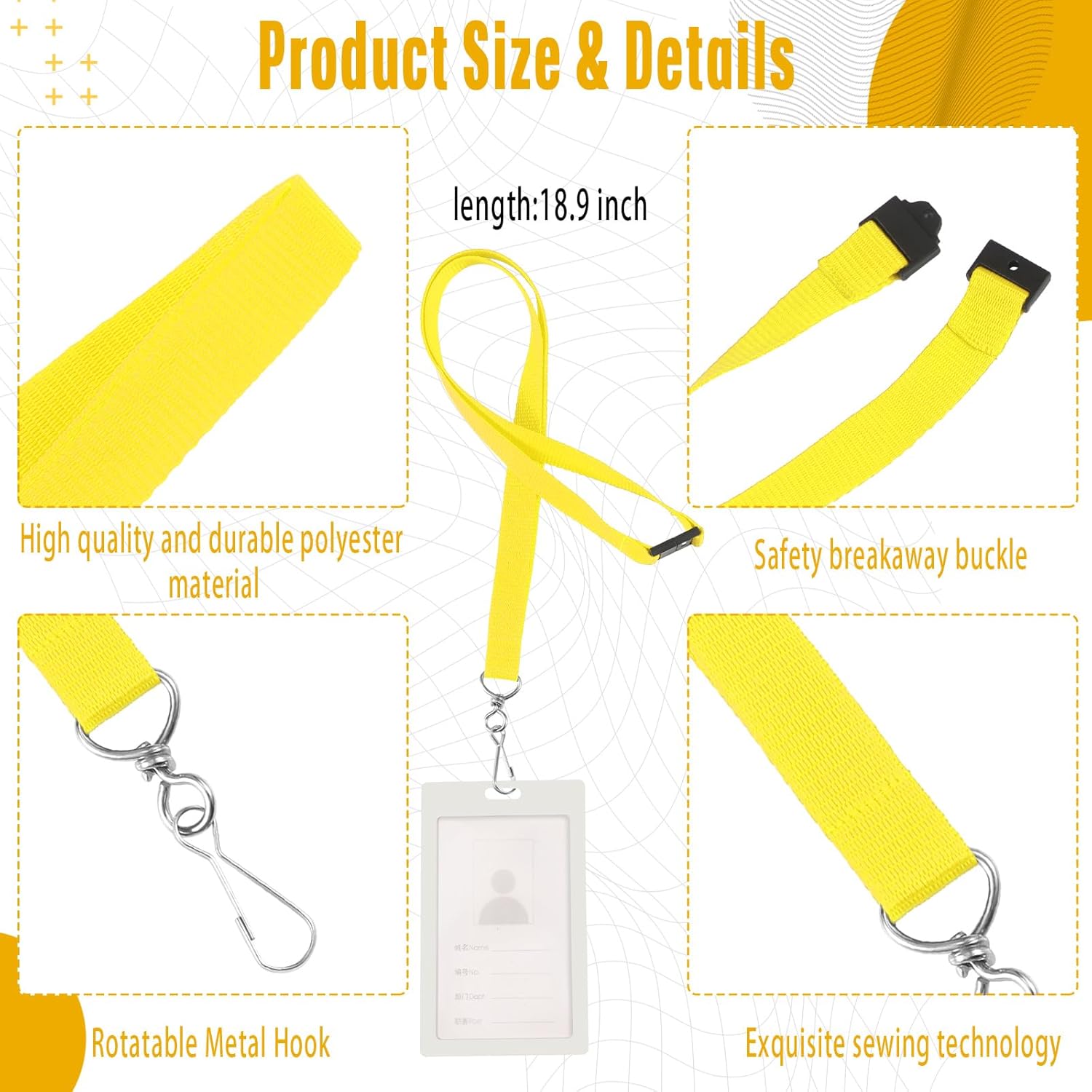 Patelai 120 Pcs Breakaway Lanyards with J Hook Bulk Flat for ID Badges Neck Badge Lanyards Card Nametag Holder Neck Straps (Yellow)