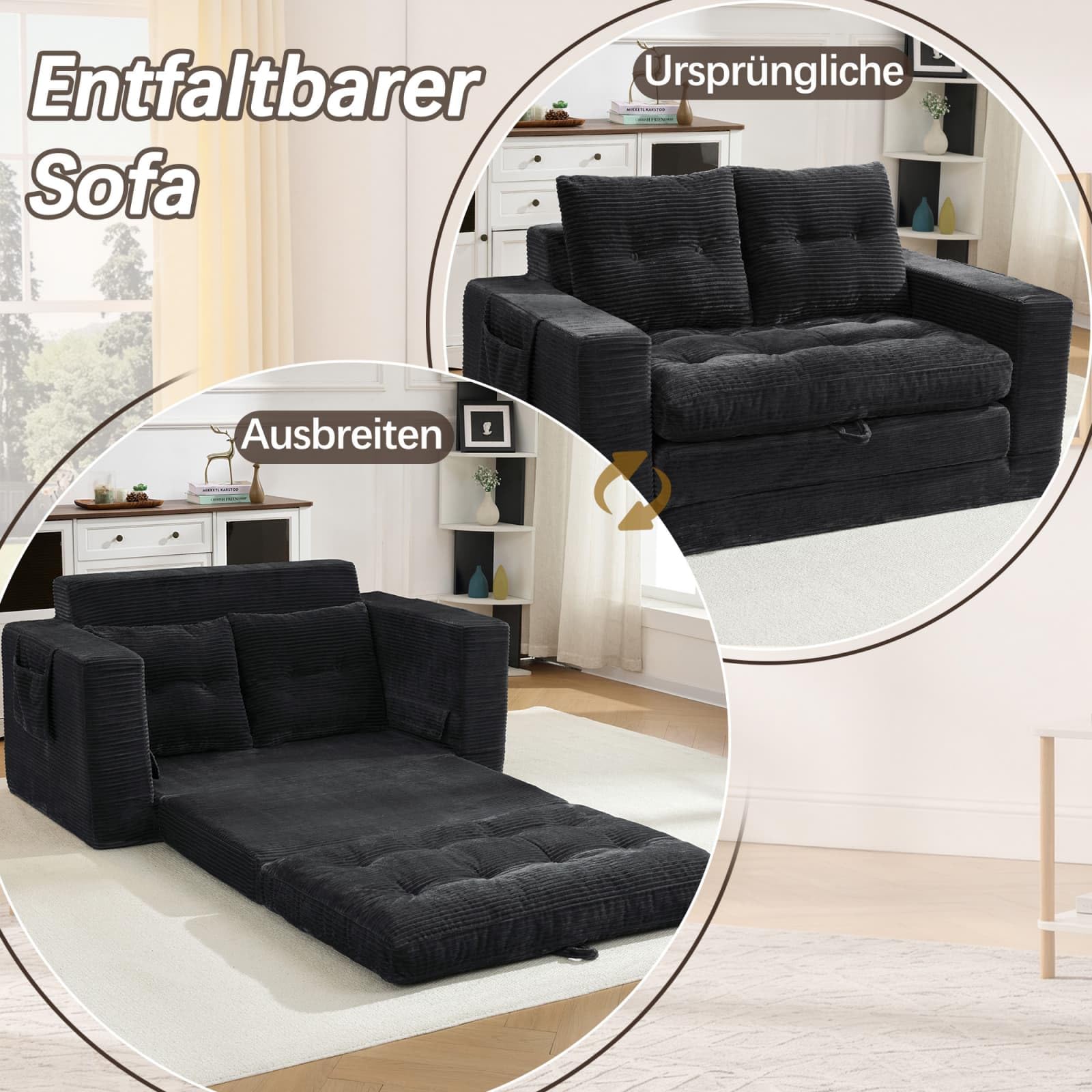 KOMHTOM Banquette Convertible 2 Places Canapé Lit Compact avec Poches Latérales pour Salon Chambre Bureau Velours Côtelé Noir(Black)