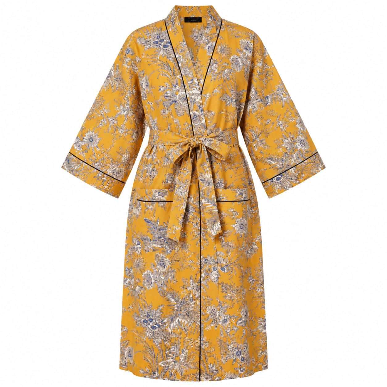 COTSILER Cotton Block Print Kimono Robe for Women Long Bathrobe with Belt & Pockets For Summer Lightweight Nightwear,Cover-Up