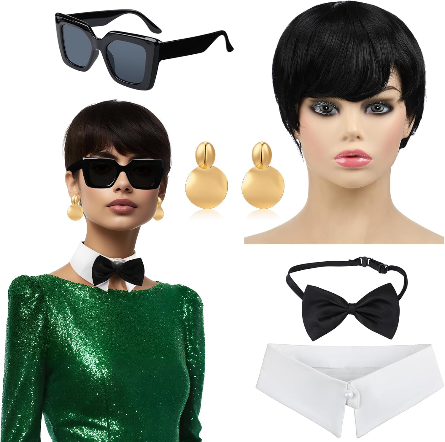 5 Pcs Halloween Social Media Star Costume Accessories Include Wig Sunglasses Fake Collar Bow Tie and Earrings Famous Mom Personality Outfit for Mom Women Cosplay Party