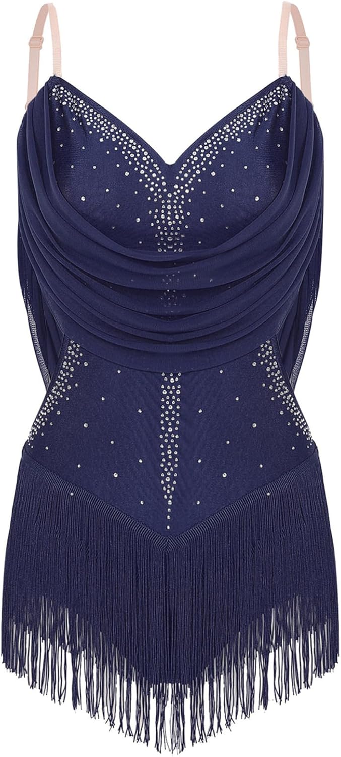 Tassel Latin Dance Dress for Women's Rhinestone Fringe Tassel Salsa Ballroom Dancing Dress with Gloves