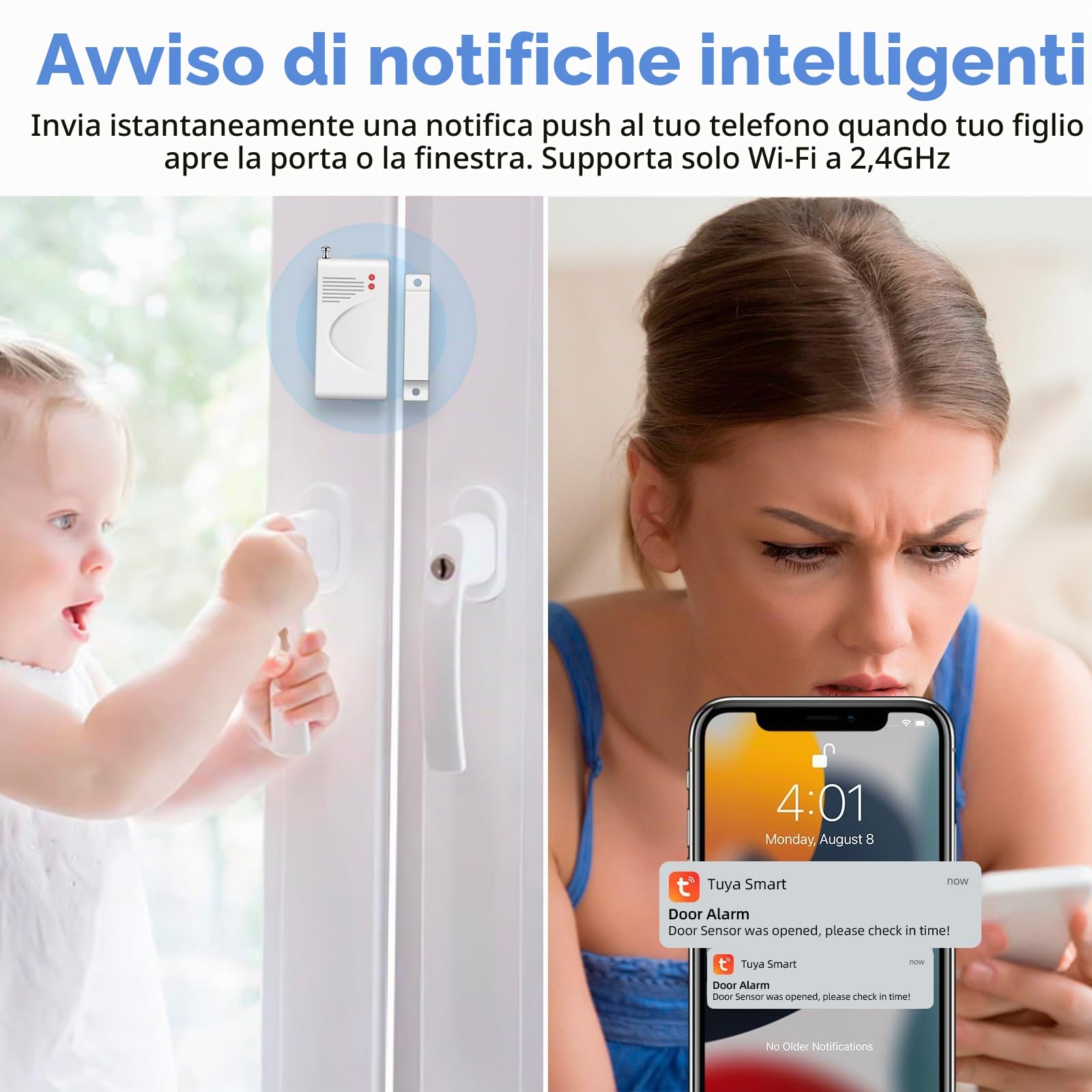 Sistema di allarme antifurto WiFi, sensore per porte e finestre, sistema di sicurezza domestica, antifurto 120 dB, allarme intelligente con sensore magnetico con notifica gratuita APP e telecomando