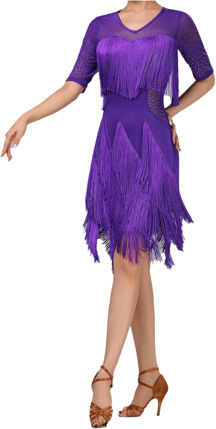JEATHA Women's Latin Dance Dress Tassel Fringe Ballroom Dancing Salsa Rumba Tango Performance Costume