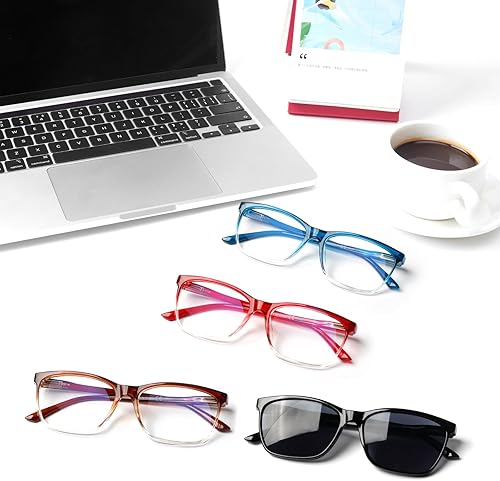 Vista 34 de Henotin Paquete de 4 lentes de lectura para mujer, bloqueo de luz azul, bisagra de resorte, lentes de lectura antifatiga ocular para computadora