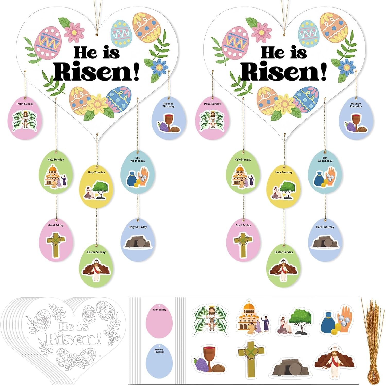 Resurhang 24 Sets Religious Easter Craft for Kids He is Risen Coloring Craft Kit Jesus Holy Week Decor Make Your Own Easter Eggs DIY Hanging Ornament for Christian Classroom Sunday School Church