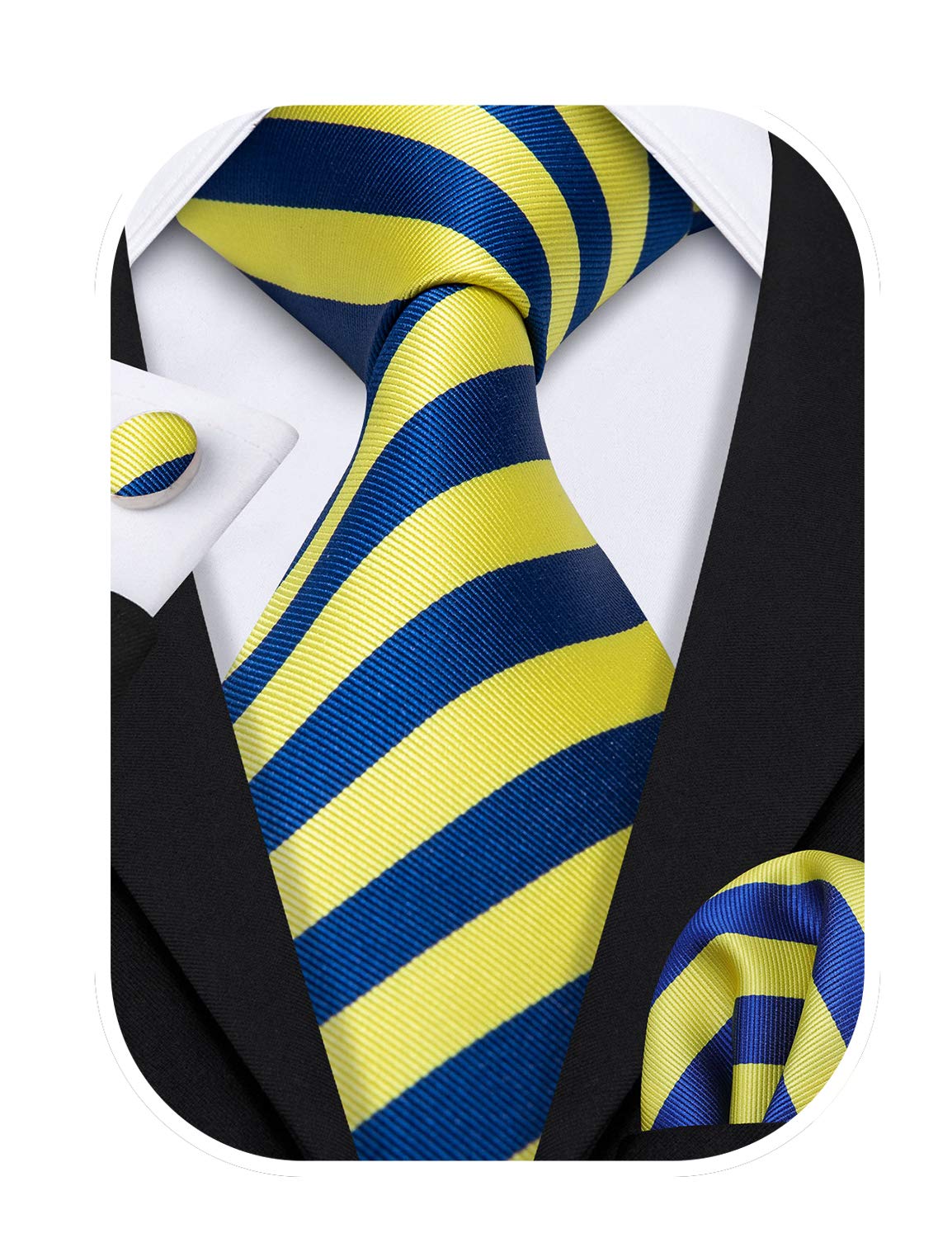 Barry.Wang Plaid Ties Check Mens Necktie Set with Handkerchief Cufflinks Classic Stripe (Yellow Blue)