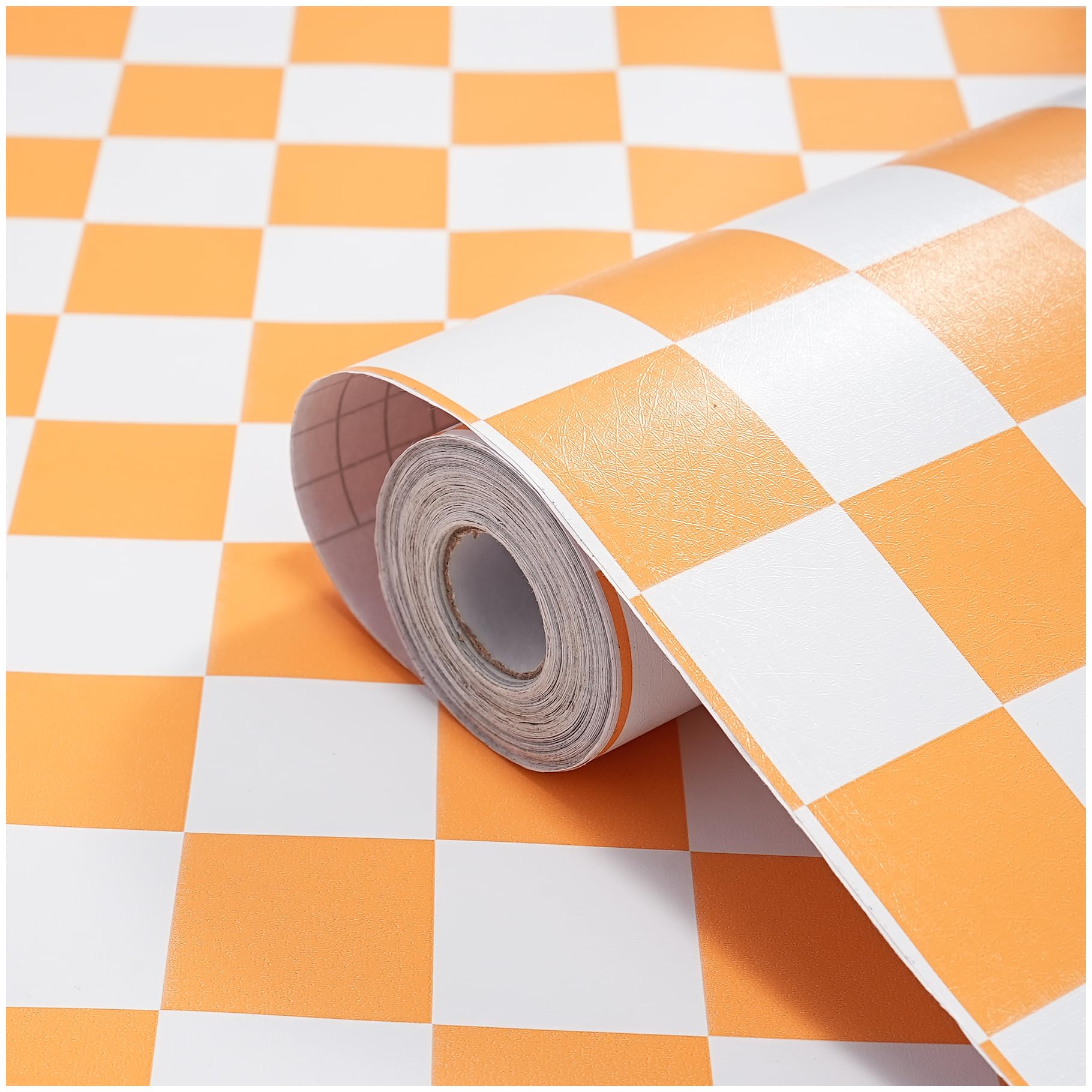Modern Peel and Stick Wallpaper Orange and White Mosaic Checkered Contact Paper 17.7"x393" Self Adhesive Lattice Wallpaper Removable Decorative Wallpapers for Bedroom Countertops Cabinet Vinyl Roll