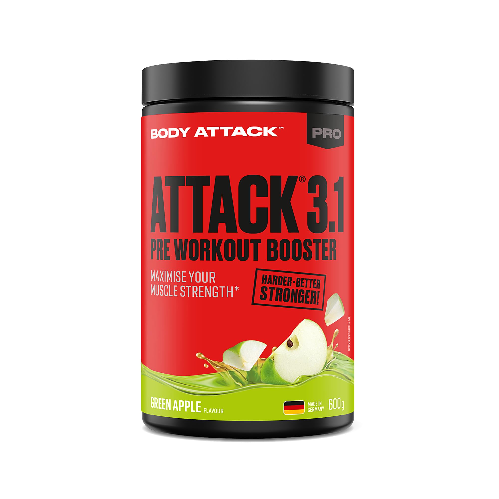 Body Attack PRE WORKOUT BOOSTER – Green Apple, 600 g - Hochdosierter Pump Booster mit Koffein, L-Arginin, Taurin & Creatin - Speziell entwickelt für Bodybuilding & Muskelaufbau Training