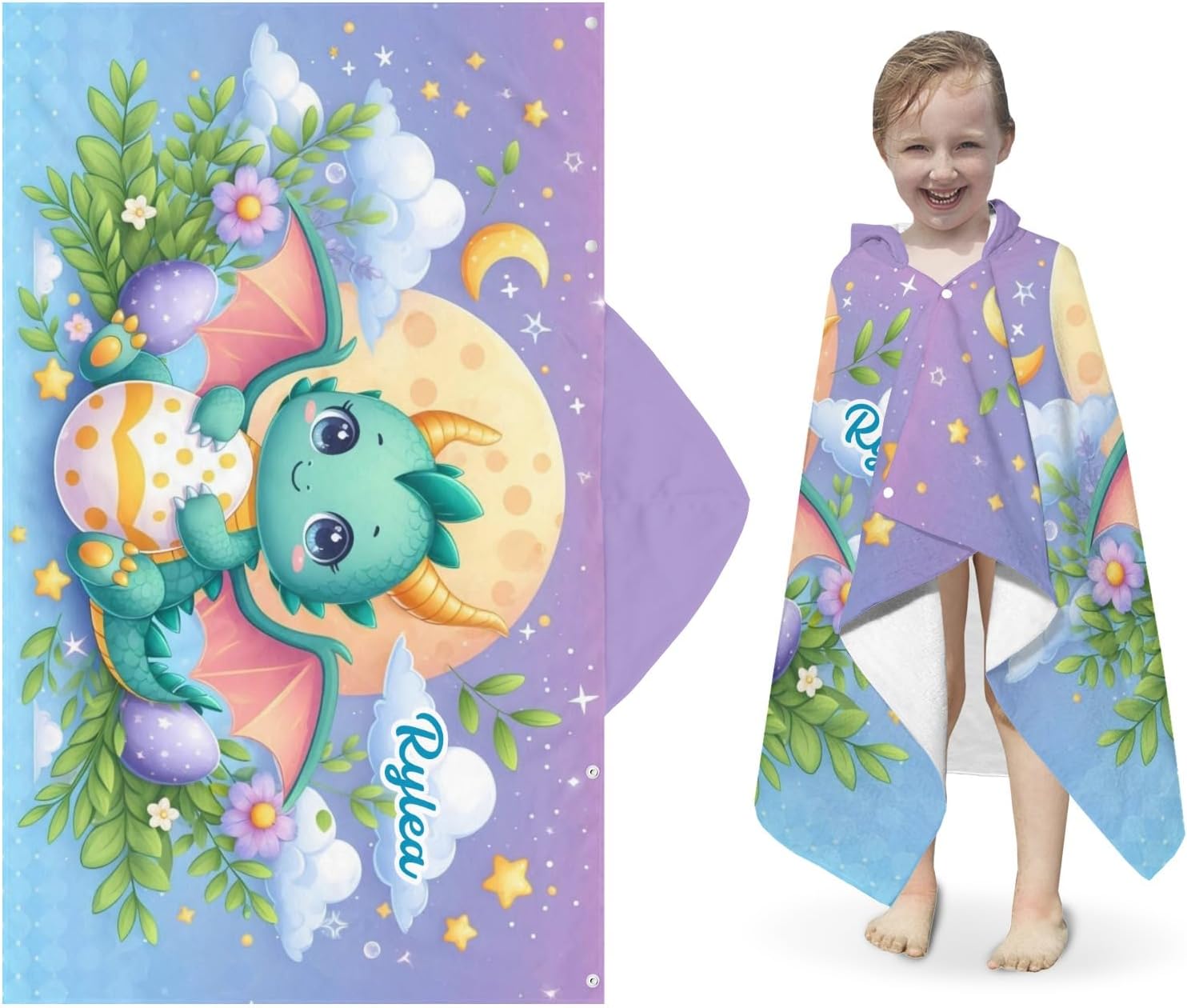 Green Flying Dragon Personalized Hooded Towel Absorbent Wrap Soft Pool Beach Bath Towels Hood Poncho for 5-12 Years Kids Boys Girls
