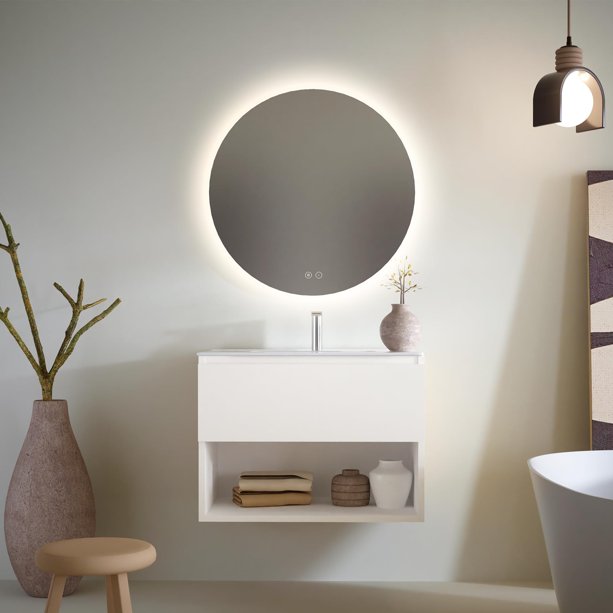 Mueble de baño suspendido blanco mate con espejo LED antivaho y un cajón soft close elegante