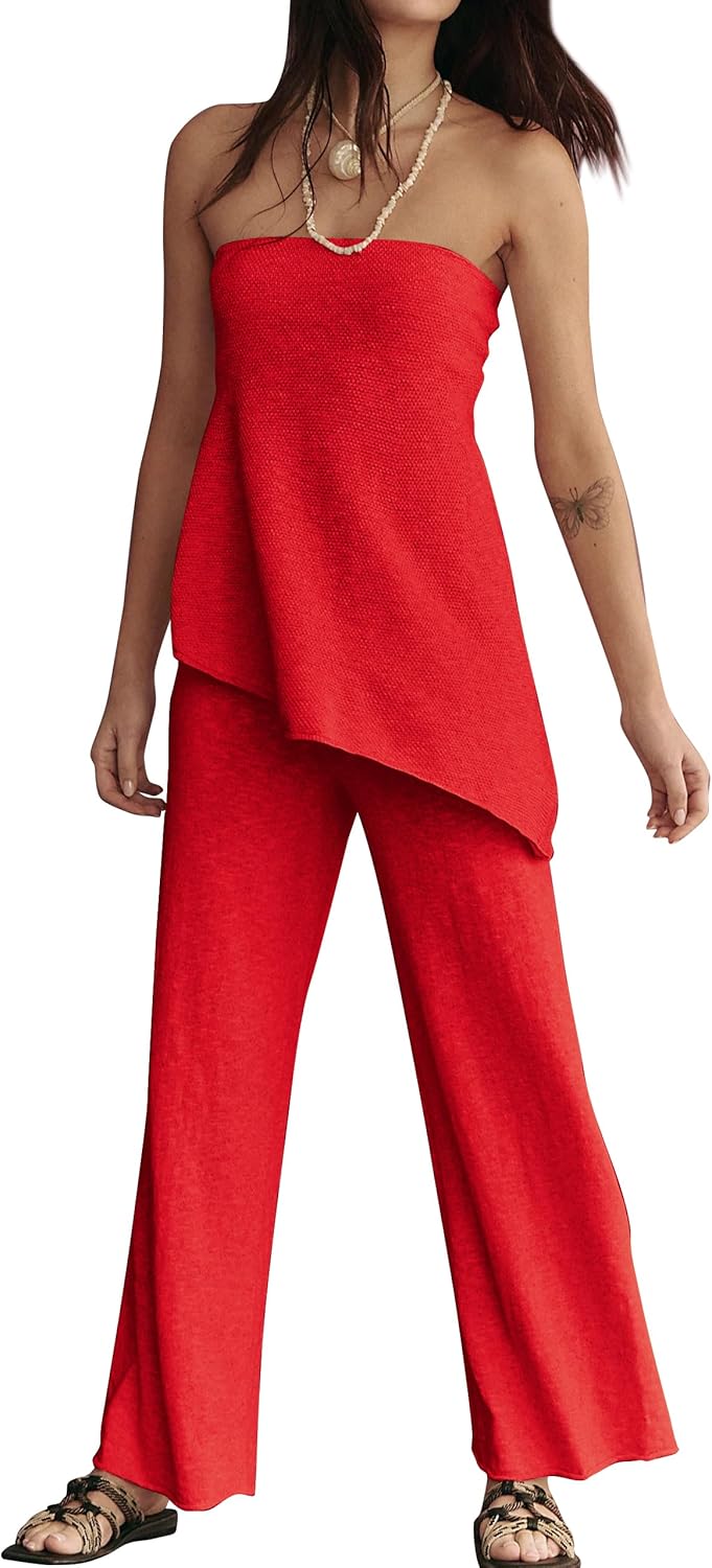 Anoumcy 2 Piece Sets for Women Tube Tops and Pants Lounge Sweater Sets Summer Beach Travel Vacation Outfits