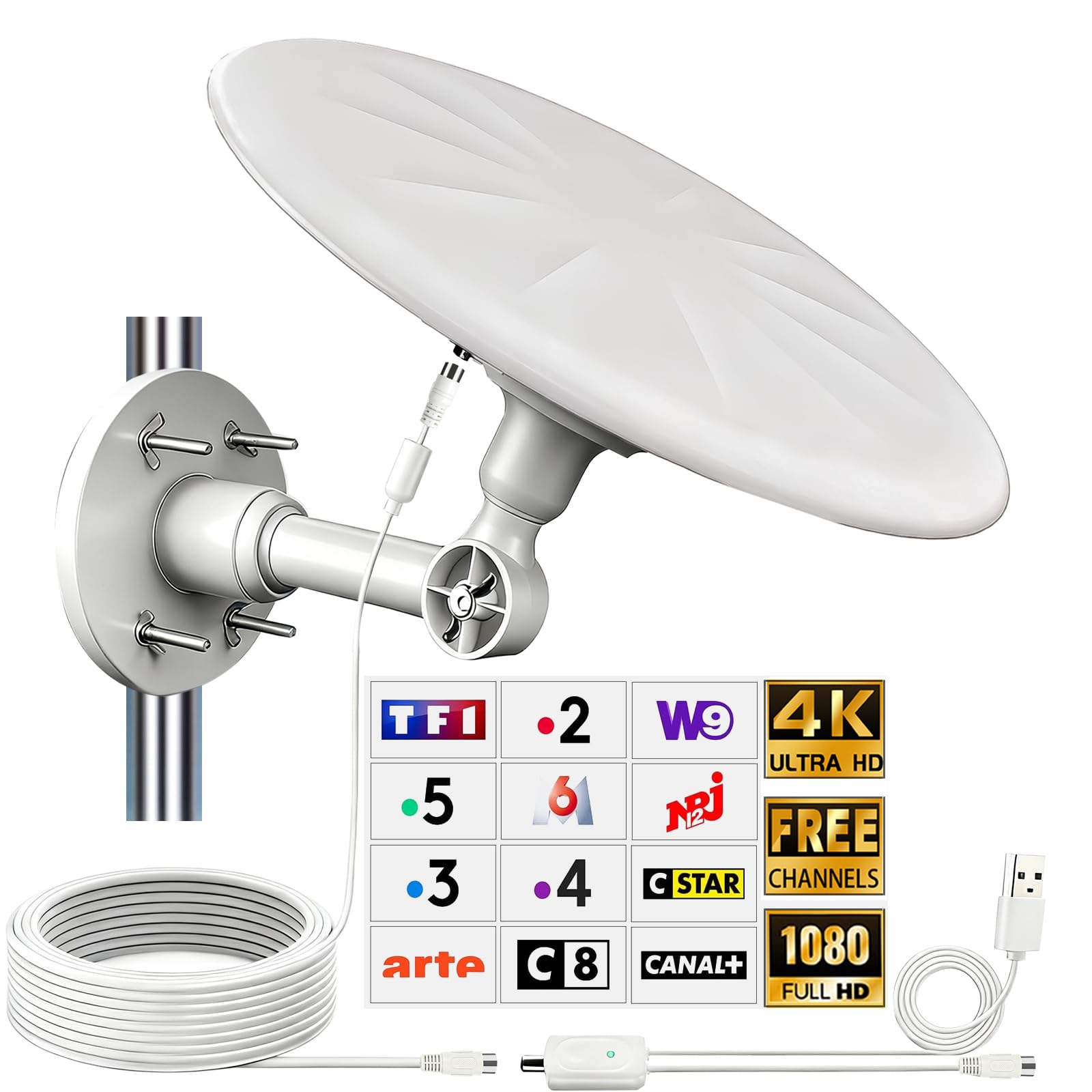 Antenne TV Exterieure Puissante HD 4K, Réception Omnidirectionnelle 360° Antenne TNT Exterieur, pour Camping Car, Caravane, Fourgon, Van, Camion, Bateau (Off-White)