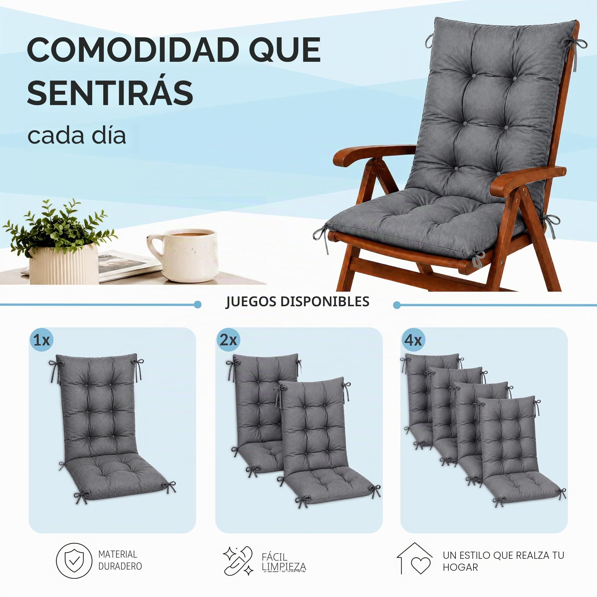 POKAR Juego de 2 Cojines Silla Jardín Respaldo Alto 120x50x10 cm | Colchonetas Acolchadas Impermeables Repelentes al Agua | Cojines para Sillón Exterior | Oeko-Tex Antracita