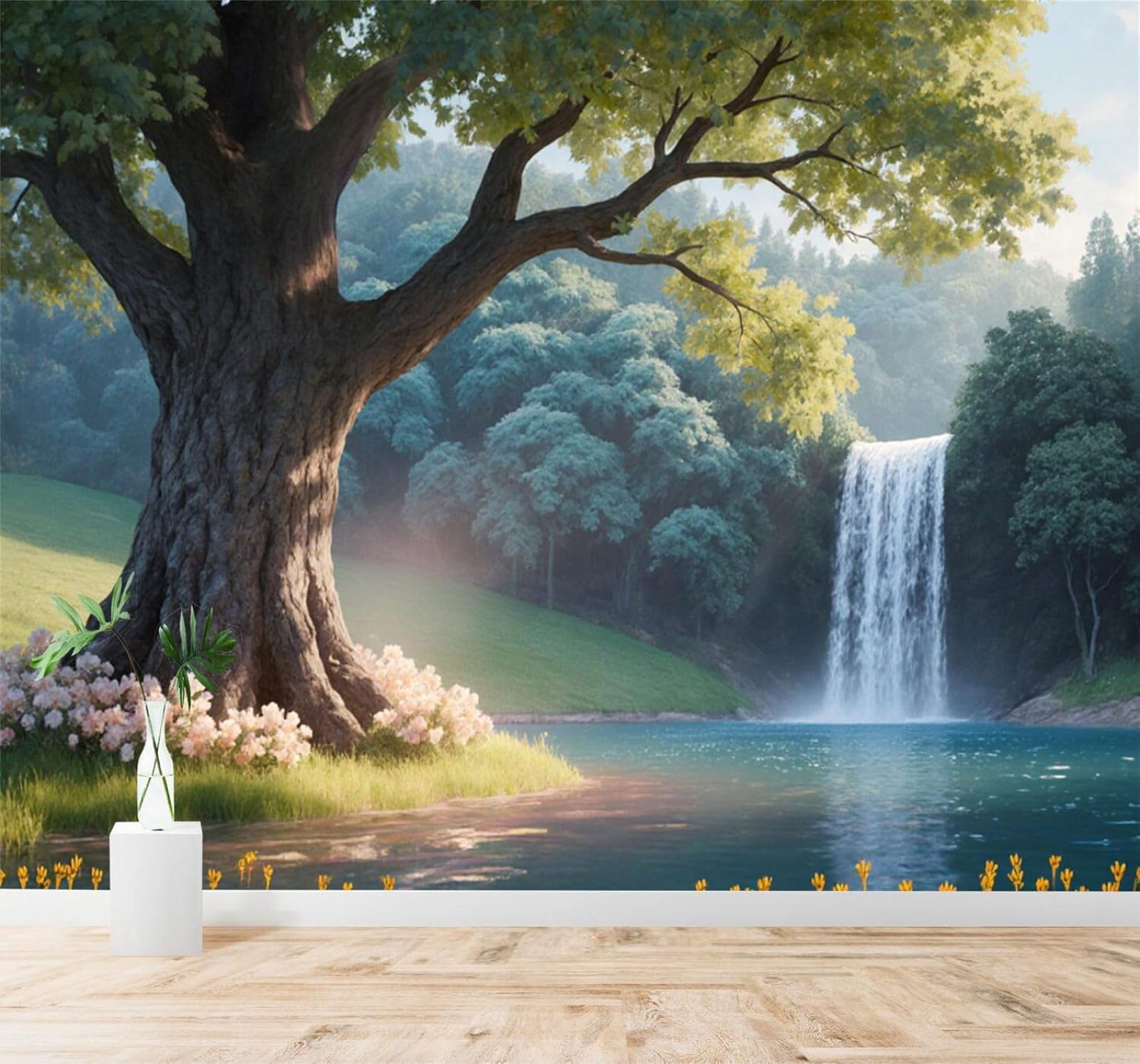 Xlming 400Cm×280Cm(B×H) Serene Waterfall Large Tree Forest River Landscape 3D Wallpaper Silky Texture Home Study Office Grey Dining Room Sofa Bedroom Living Room Tv Backdrop-400Cm×280Cm