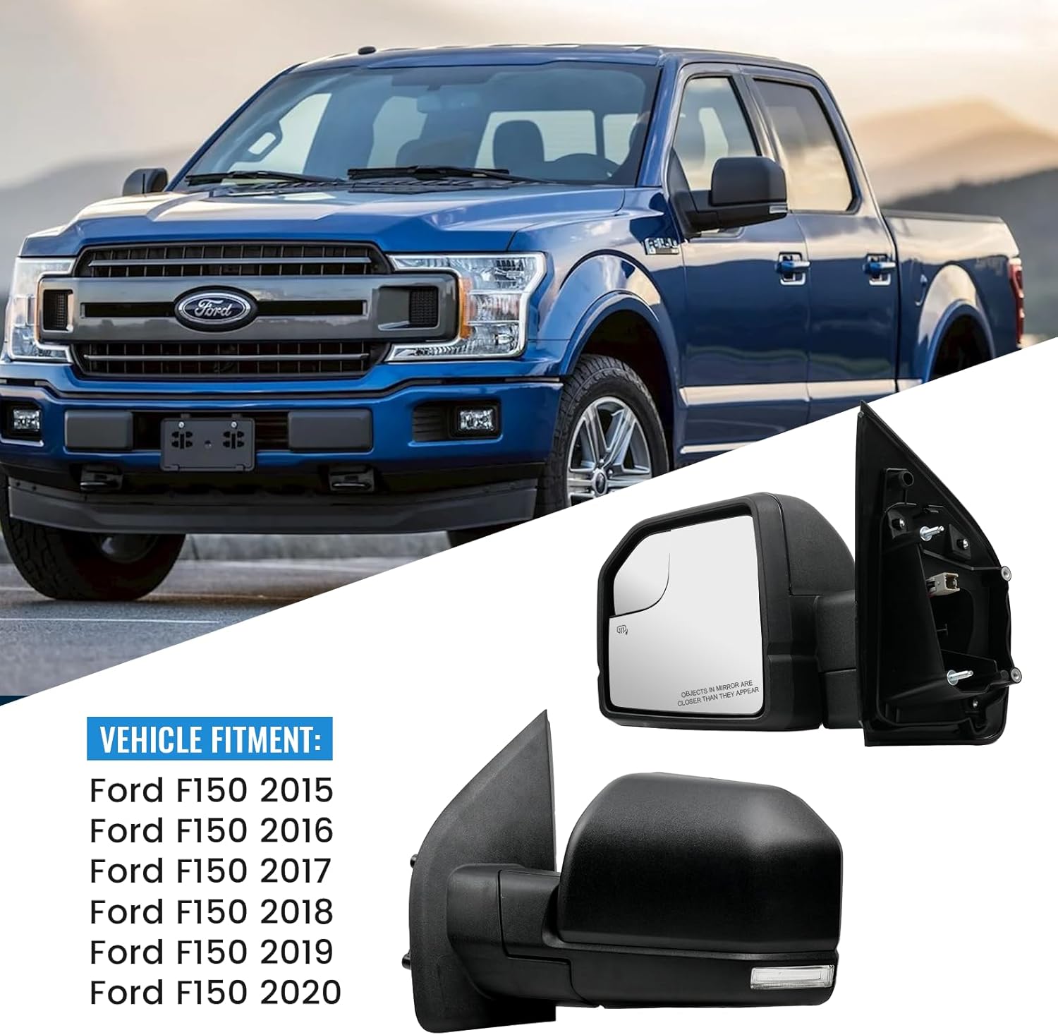 Left Side Mirror for Ford F150 2015 2016 2017 2018 2019 2020，Driver Side View Mirrors with Heated Power Glass, Turn Signal and Blind Spot Mirror Glass, 6 Pins