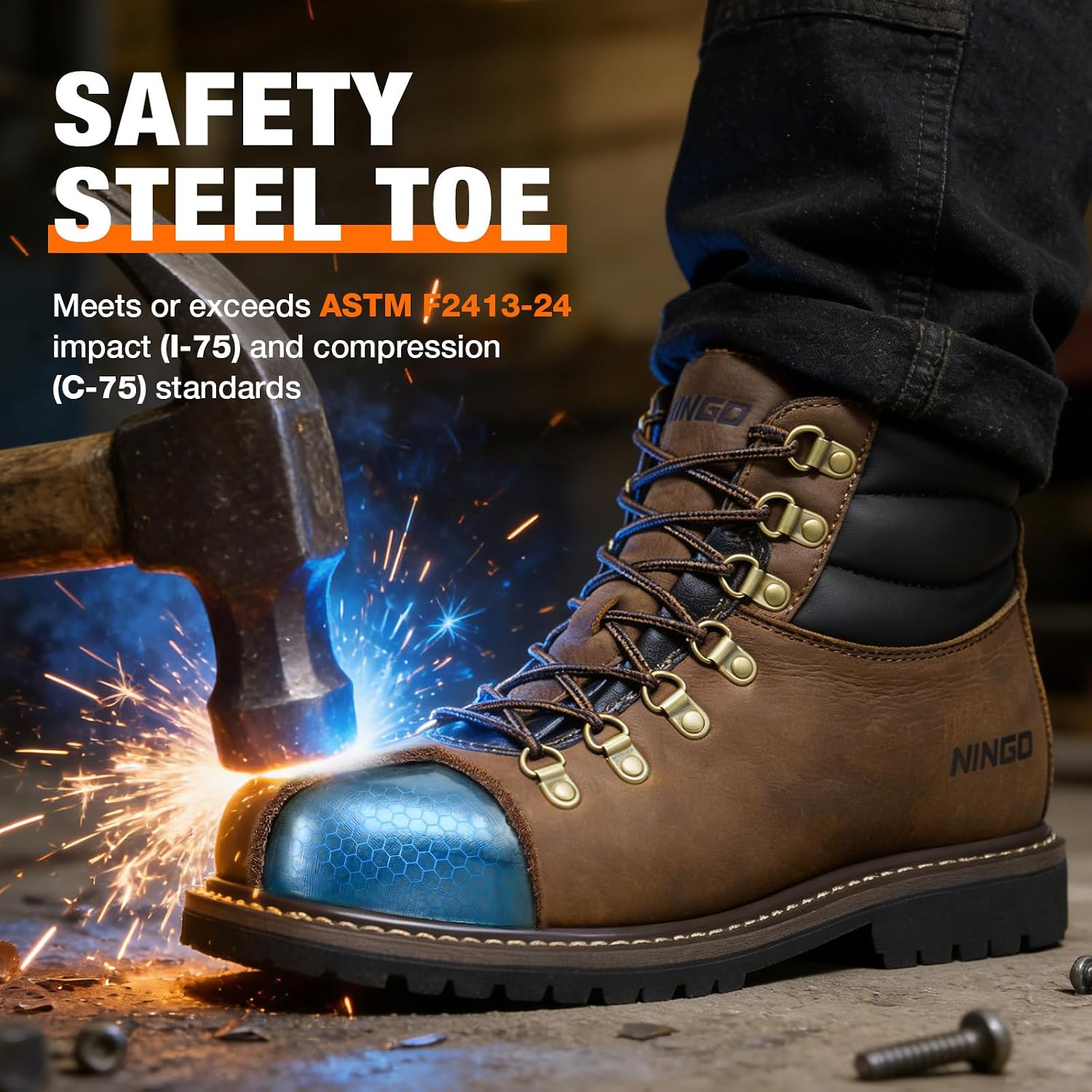 NINGO Steel Toe Work Boots for Men, Water Resistant Durable Crazy Horse Leather Construction Boots, Goodyear Welt Non Slip EH Rated Sole, Retro Mens Safety Work Shoes for Industrial Welding Warehouse