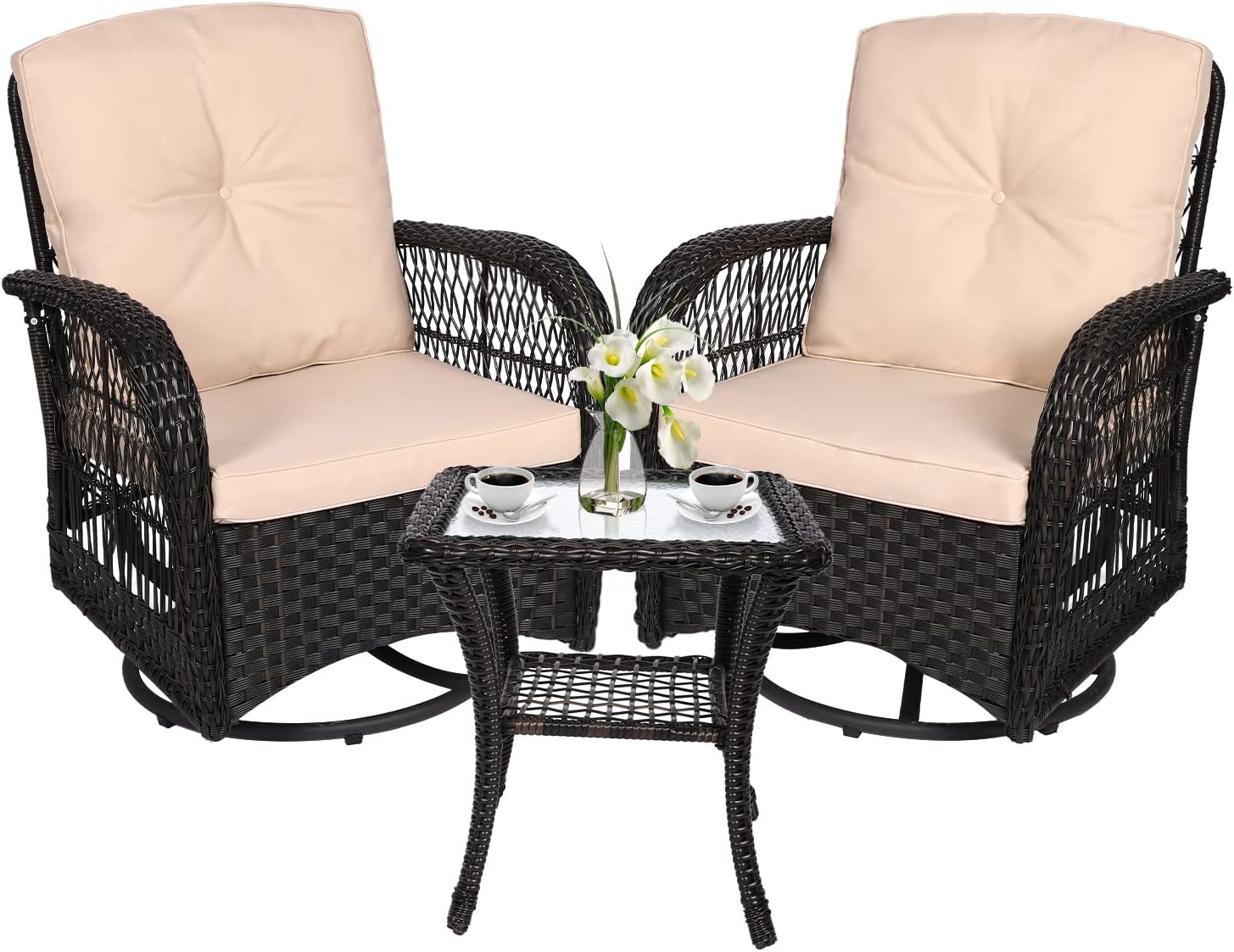 VIVIJASON 3-Piece Outdoor Conversation Bistro Set, Patio Swivel Glider Rocking Chairs Rattan Furniture Sets w/ 2 Rattan Chairs, Cushions, Glass Top Side Table for Porch Backyard, Dark Brown