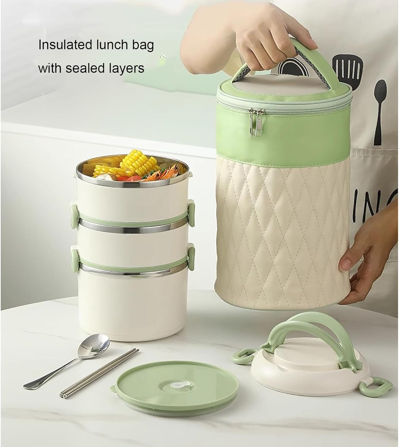 Lunch box, Bento box, Insulated Lunch bag, Stackable Stainless Steel Insulated Lunch Box, Large Capacity Lunch Boxes with Lunch Bag, Cutlery(Yellow,Large)