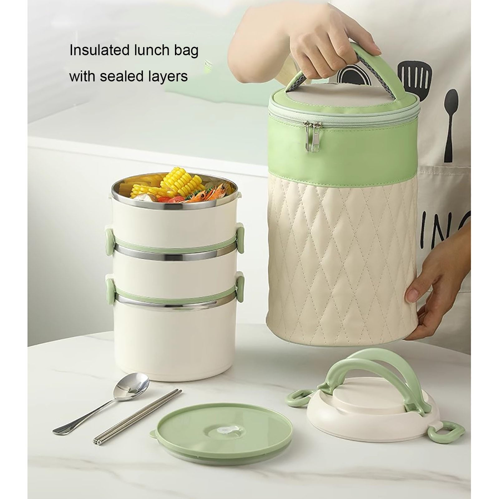 Fiambrera, Bento box, Bolsa de Almuerzo Aislada, Lonchera Apilable de Acero Inoxidable con Aislamiento, Loncheras de gran Capacidad(Yellow,Large)