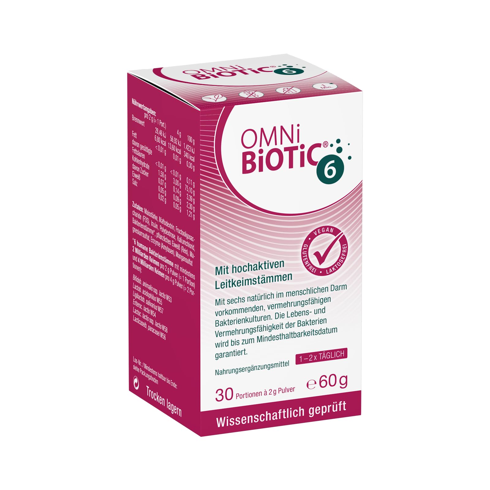 OMNi BiOTiC 6 | El compañero diario para una buena sensación abdominal | Adecuado para todos los días y todas las edades | 30 porciones (60 g) | 6 cepas de bacterias | Polvo | Con inulina | Vegano |