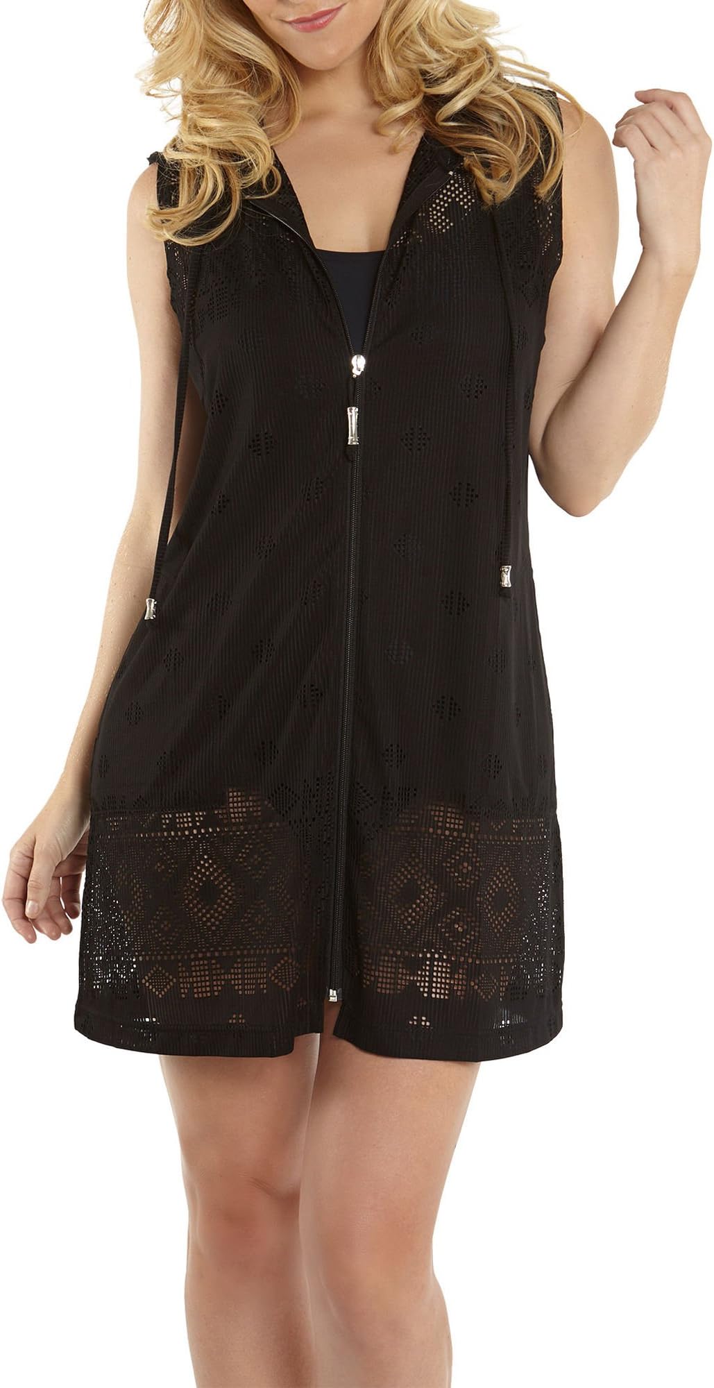 Dotti Women's Crochets Tribal Times Hoodie Tunic Swim Cover Up Black L