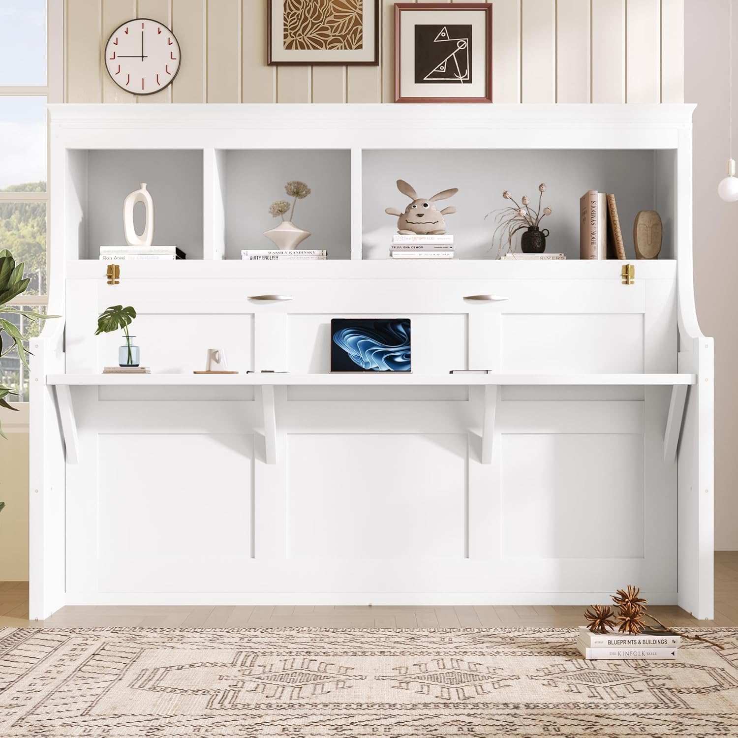 MERITLINE Twin Horizontal Murphy Bed with Desk and Storage Shelves,Solid Wood Folding Hideaway Farmhouse Murphy Wall Bed Cabinet with Storage Cabinet for Adults Teens (White,Twin)