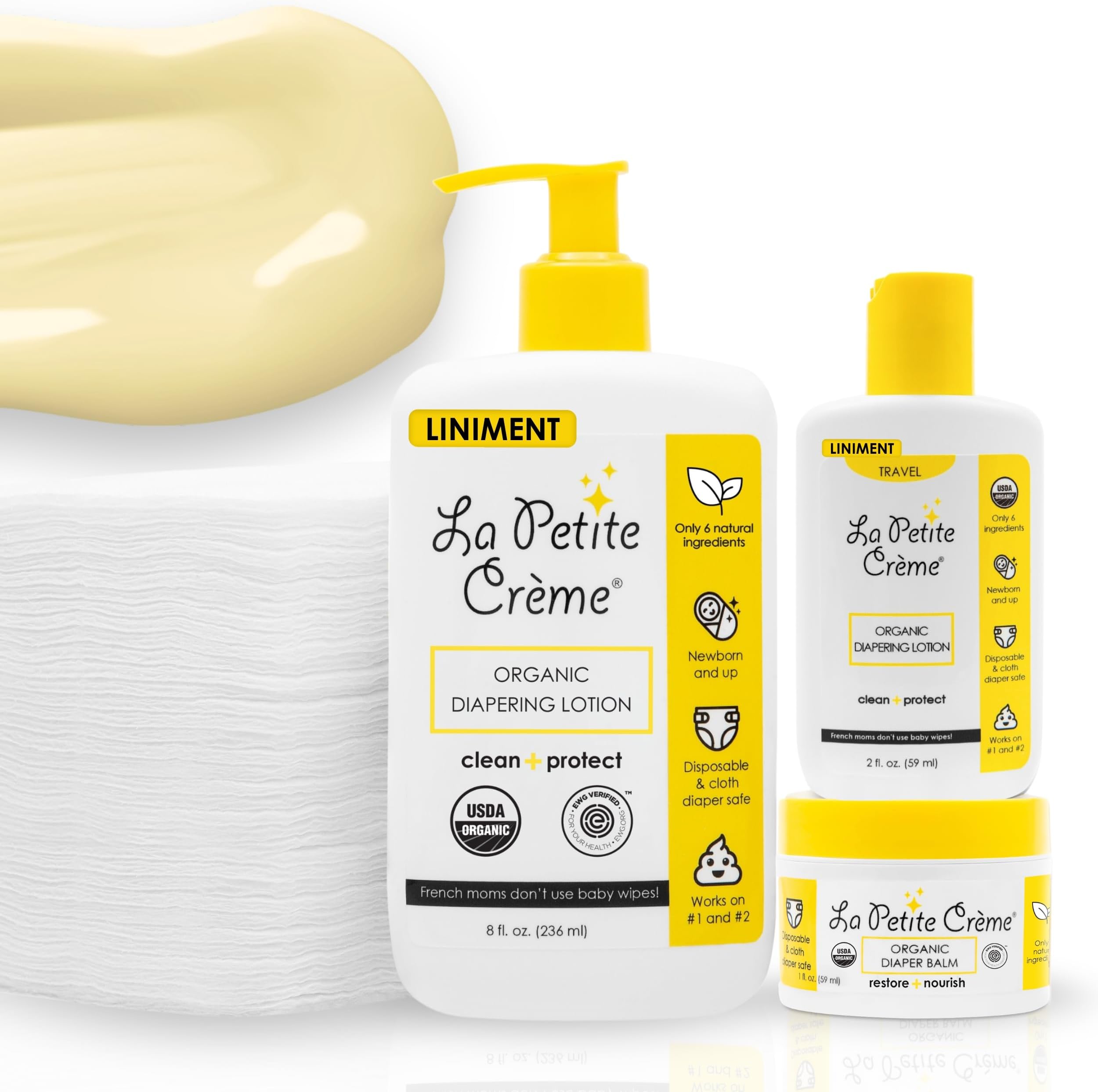 Premium French Diapering Gift Set: Includes Organic Diapering Lotion (8 oz), Travel-size Liniment Baby Lotion (2 oz), 1 Travel-size Diaper Balm (1 oz), 50 Disposable Cotton Pads
