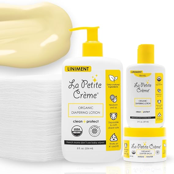 La Petite Creme Premium French Diapering Gift Set: Includes Organic Diapering Lotion (8 oz), Travel-size Liniment Baby Lotion (2 oz), 1 Travel-size Diaper Balm (1 oz), 50 Disposable Cotton Pads