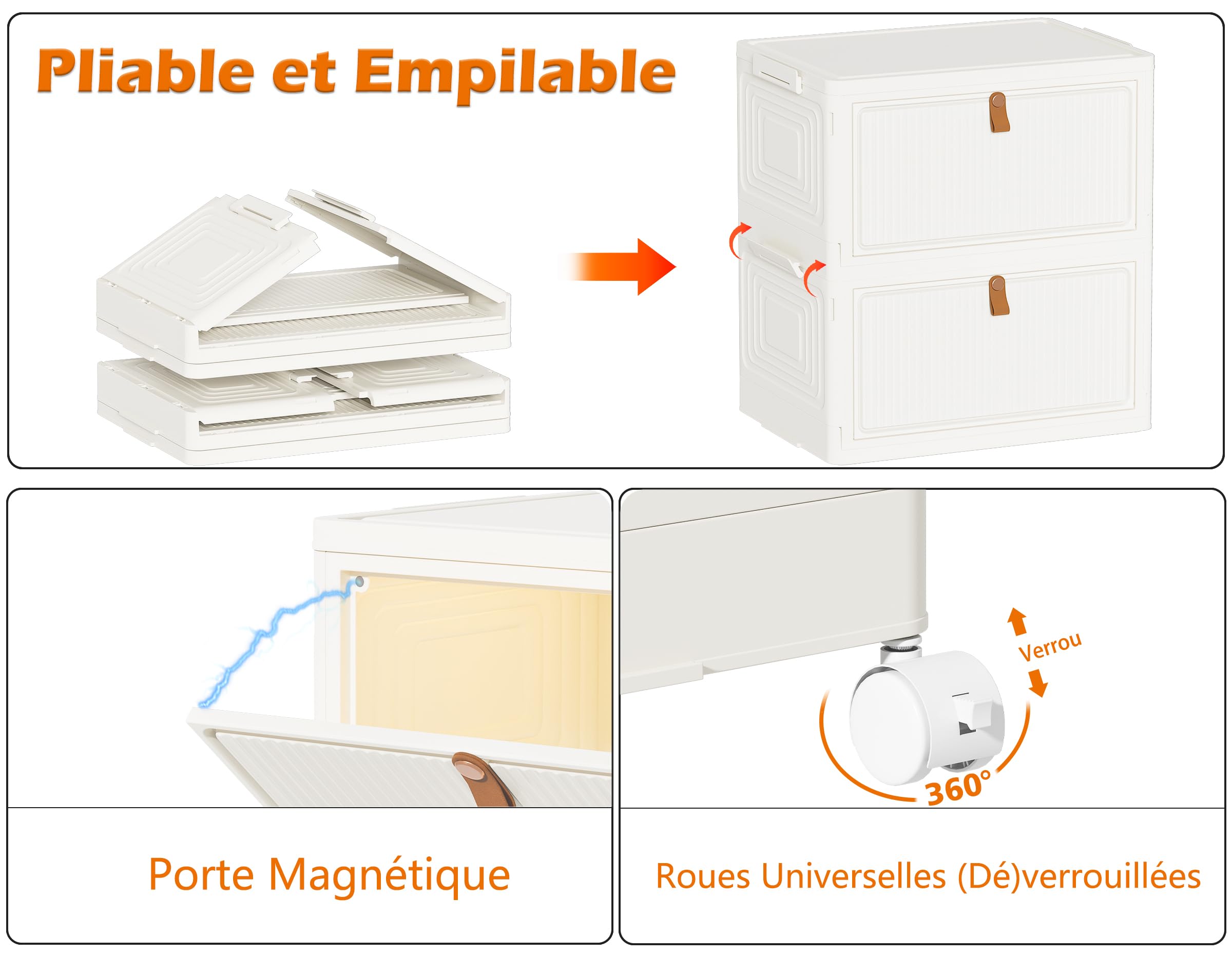 HOMIDEC Boîte Rangement Plastique avec Roues, Meubles de Rangement avec Couvercle, Caisse Rangement Pliante, 33L, 3 Pièces, Convient pour Ranger des Collations, des Jouets, des Vêtements, Laité