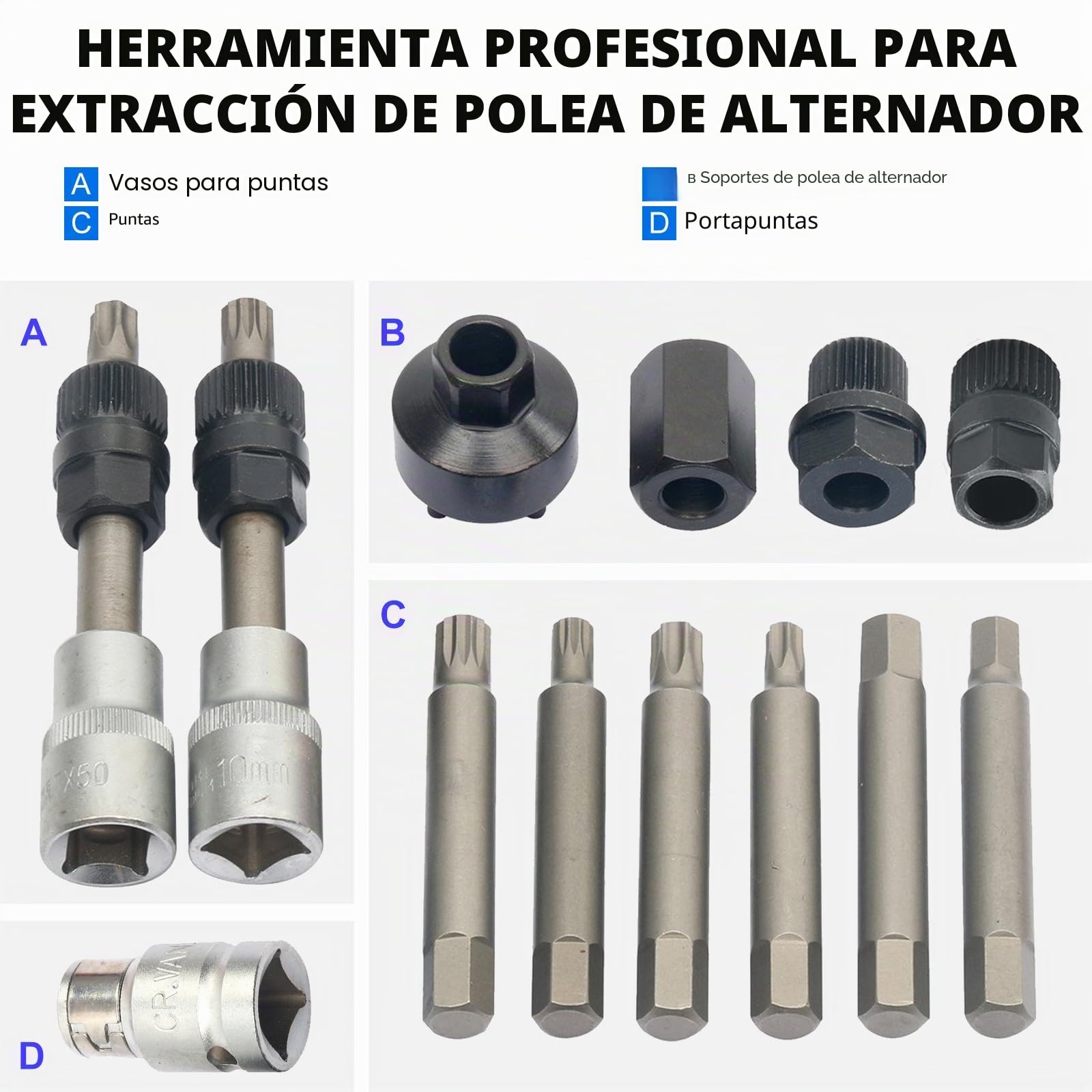 FreeTec 13 pzs Llave para Polea Alternador, 12.5 mm 1/2" Drive Extractor Polea Alternador, Herramientas para Quitar Cambio Polea de Alternador Generadores Vehículos para VW Audi Vag Fiat