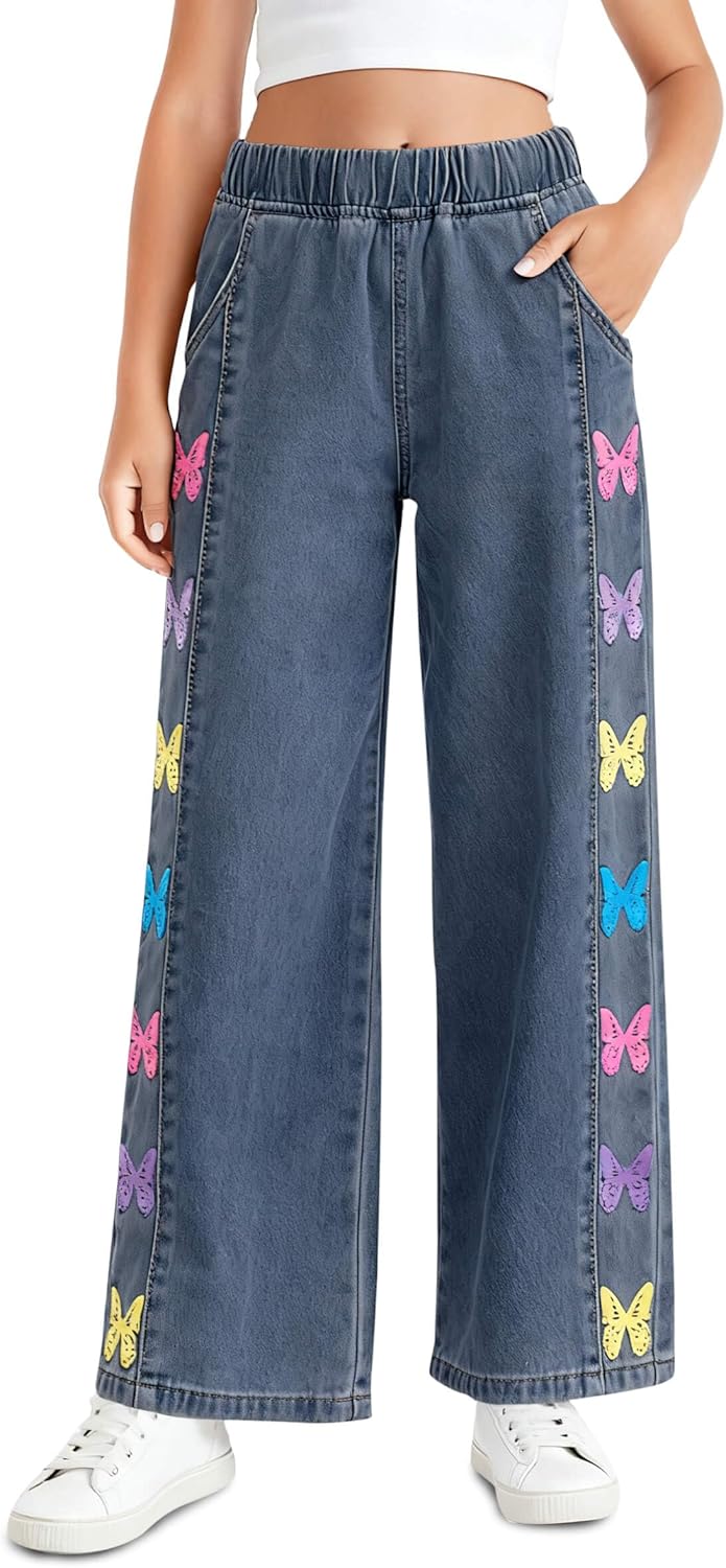 Haloumoning Girls Butterfly Print Jeans Kids Elastic Waist Wide Leg Denim Baggy Pants with Pockets 5-14Y